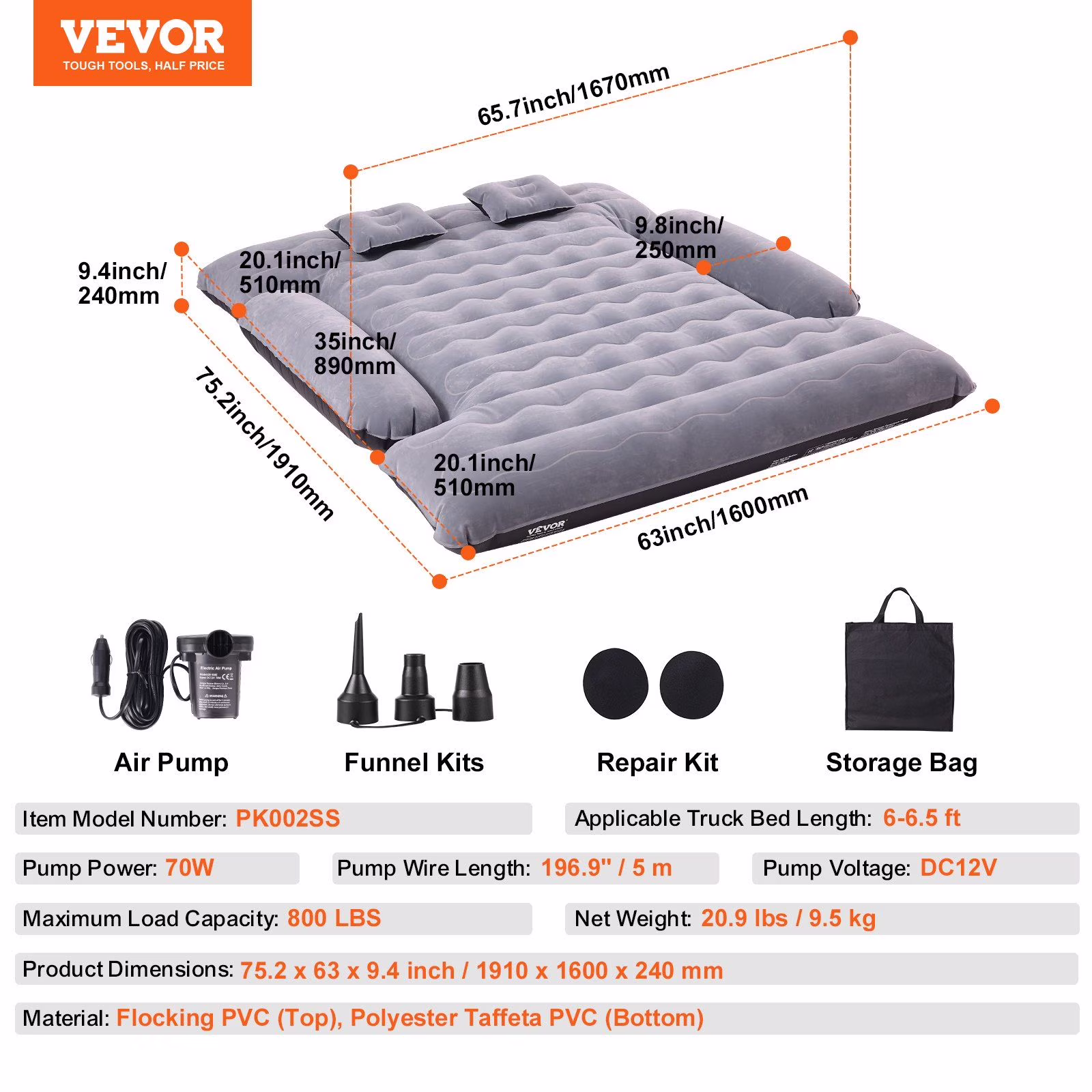 Truck Bed Air Mattress for 6 - 6.5 Ft Beds, Inflatable Camping Mattress W/ 12V Pump, 2 Pillows & Bag, Fits Ford F150/250/350, Chevy Silverado, Dodge Ram