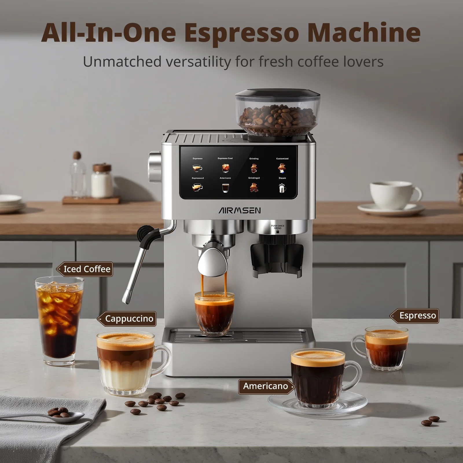 Espresso Machine with Grinder, Espresso Coffee Machine with Customized Grind Amount Coffee Volume, Cold Brew Coffee Maker for Cappuccino Latte Americano, Brushed Stainless Steel - Image 2