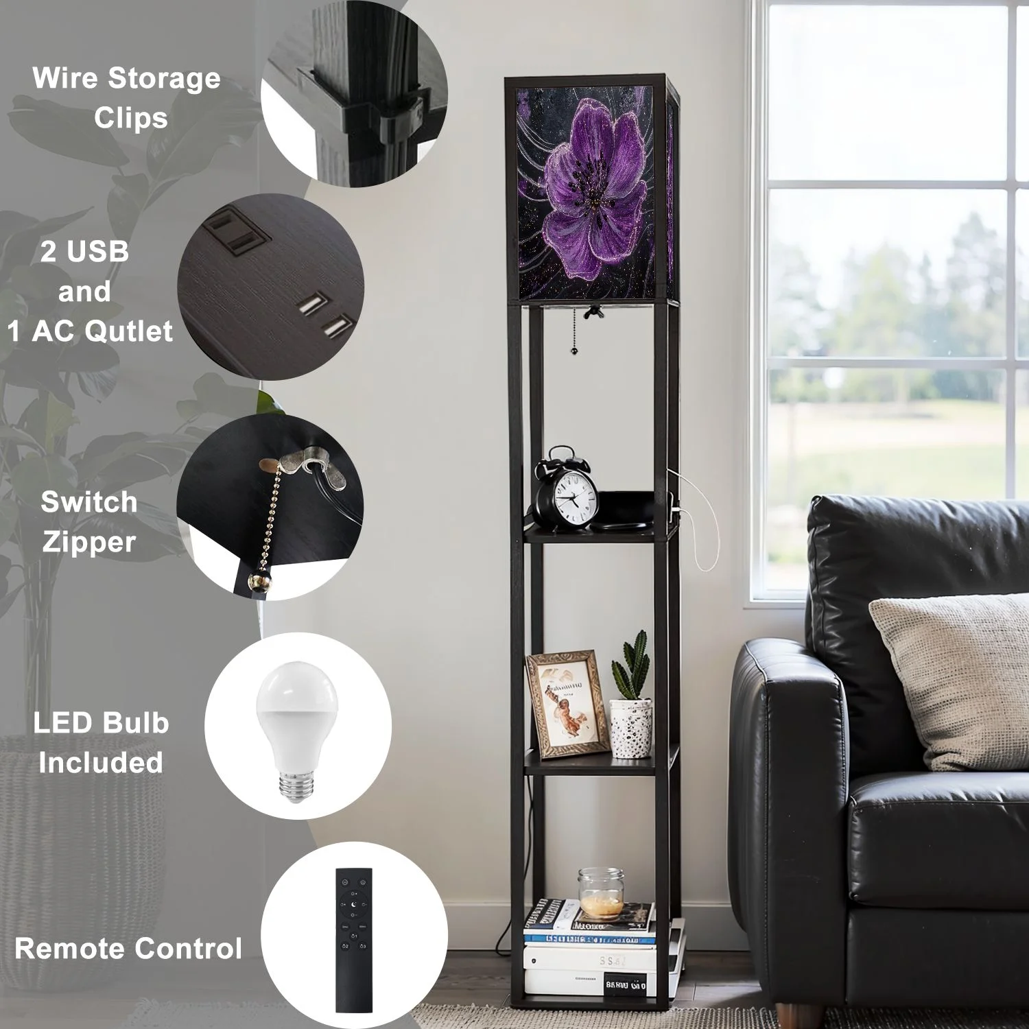 Floor Lamp with Shelves Corner Display Bookshelf Lamp for Living Room and Bedroom Purple Purple Wall Decor Purple Flower LED Modern Shelf Floor Lamp 3 Color Temperature(Color-1) - Image 10