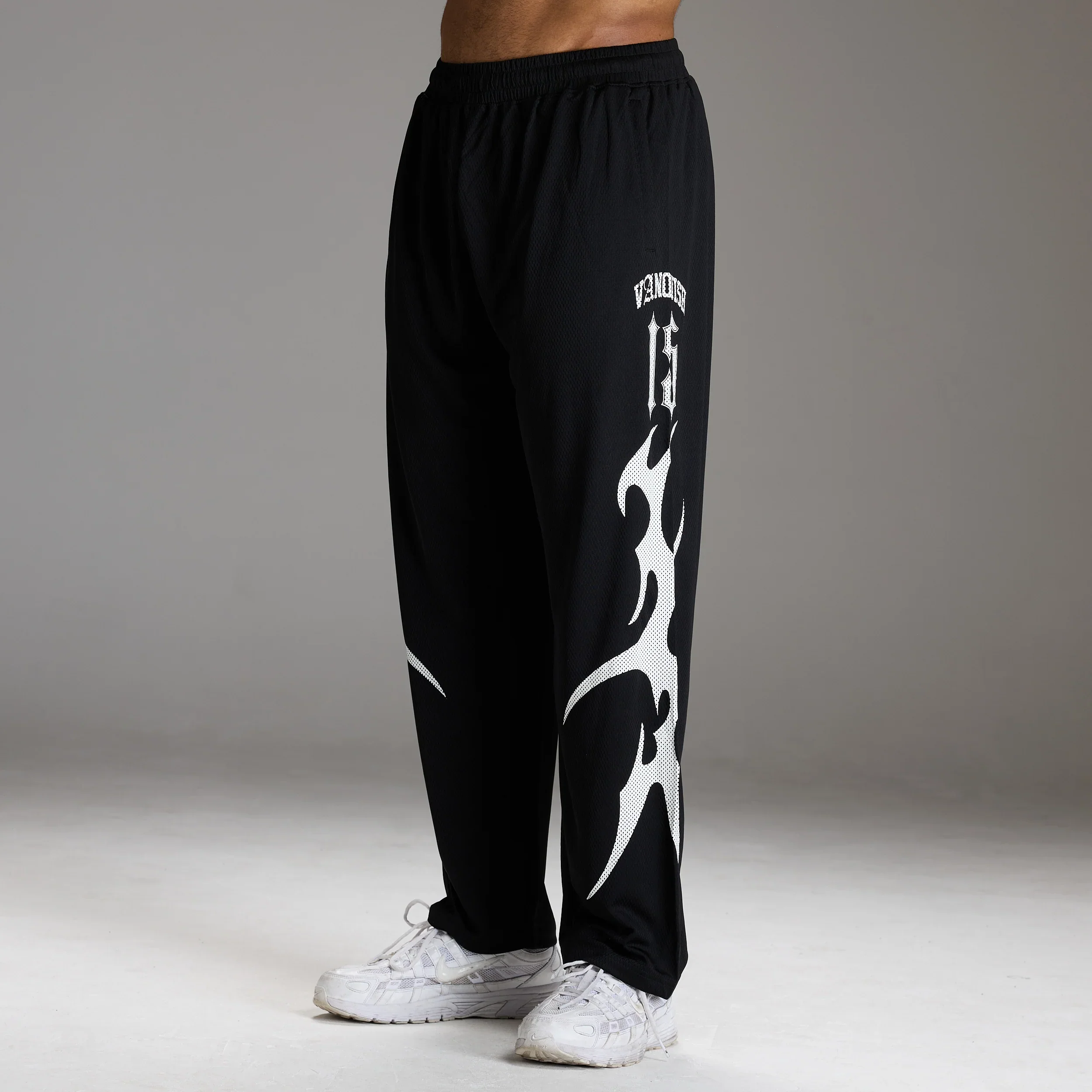 VARSITY TRIBAL BLACK STRAIGHT LEG MESH PANTS