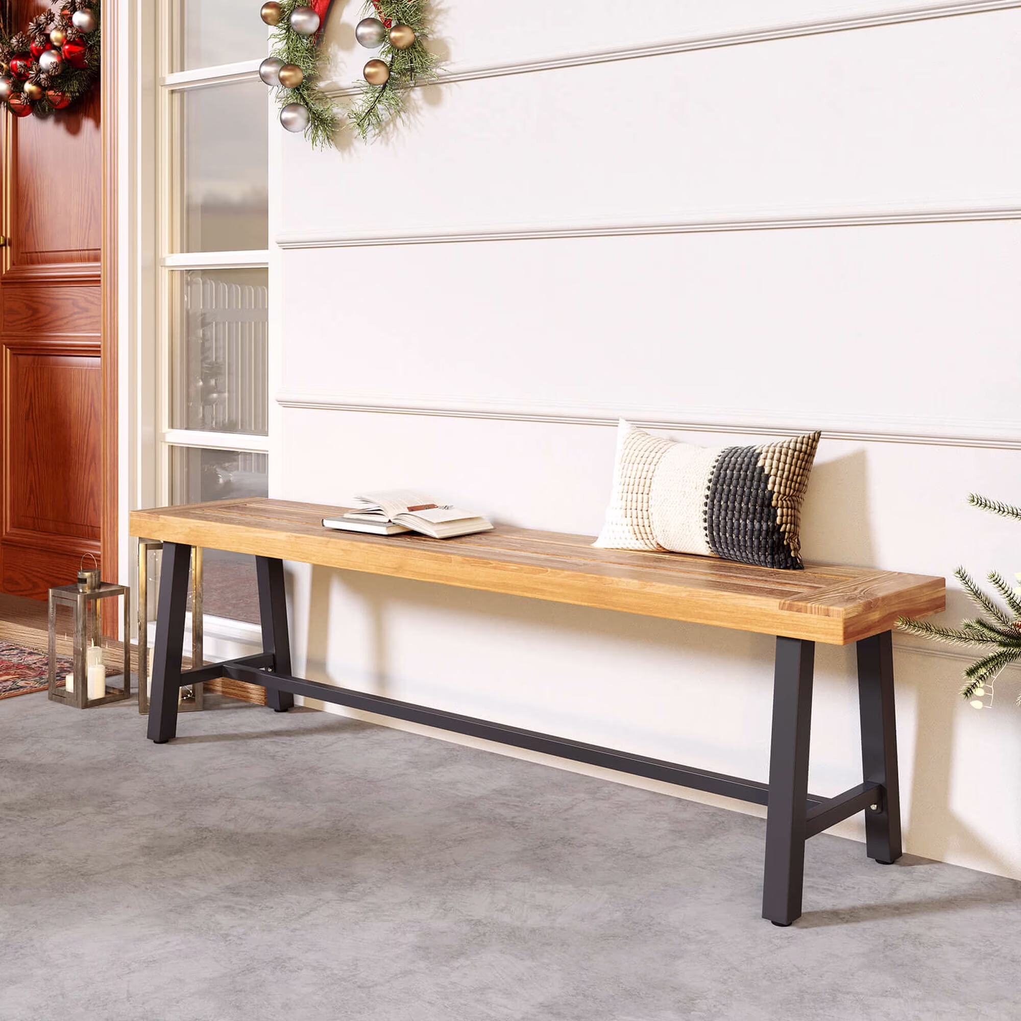 Costway 63 Long Outdoor Acacia Wood Bench Seats up to 3 Persons for Garden Porch
