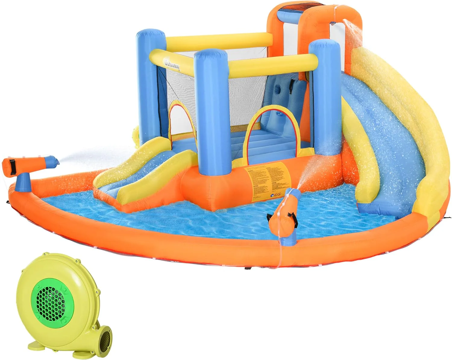 Château gonflable aquatique 5 en 1 pour enfants avec piscine, toboggan, murs d'escalade et 2 canons à eau, souffleur d'air 450 W