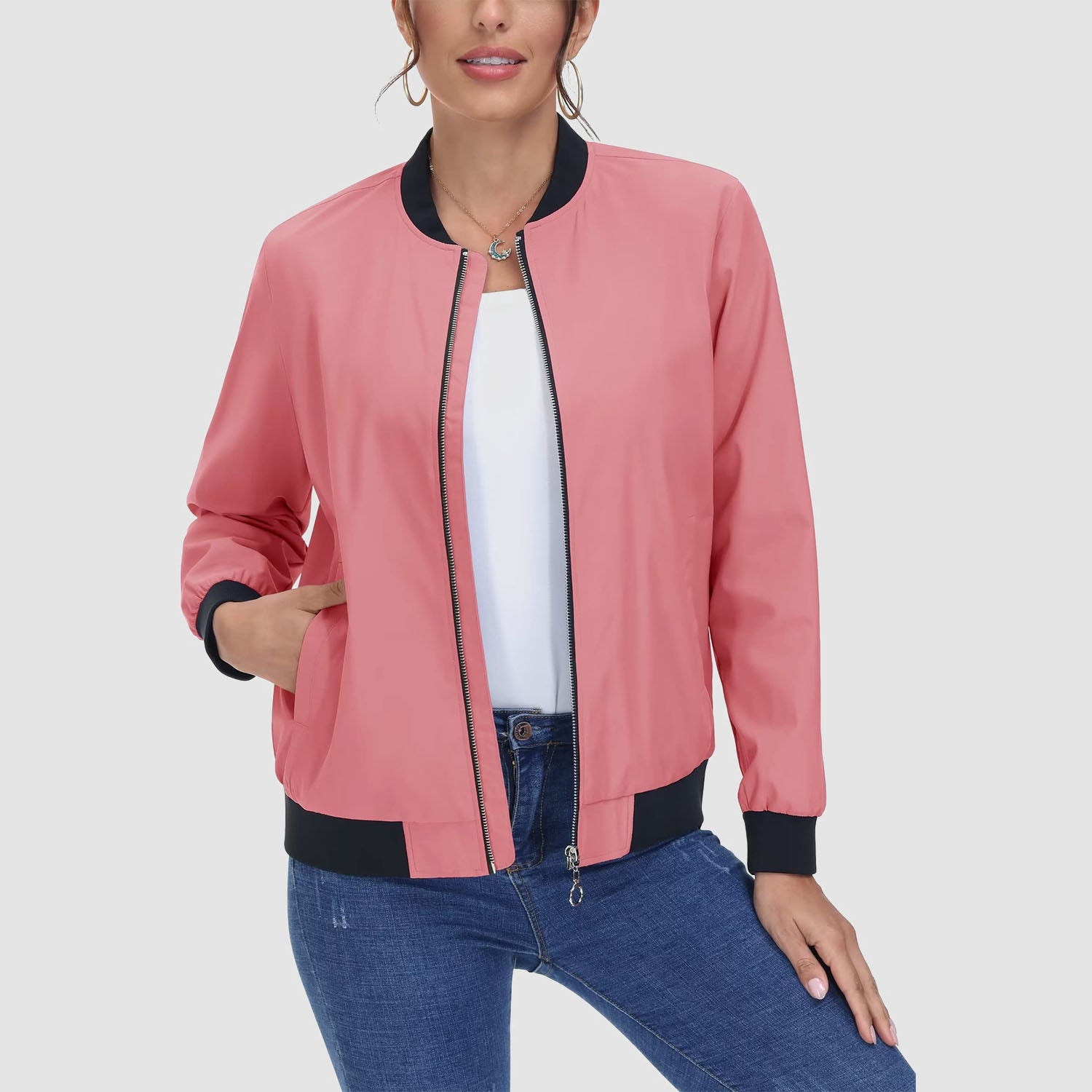 Blouson aviateur pour femme, coupe-vent léger et décontracté à fermeture éclair