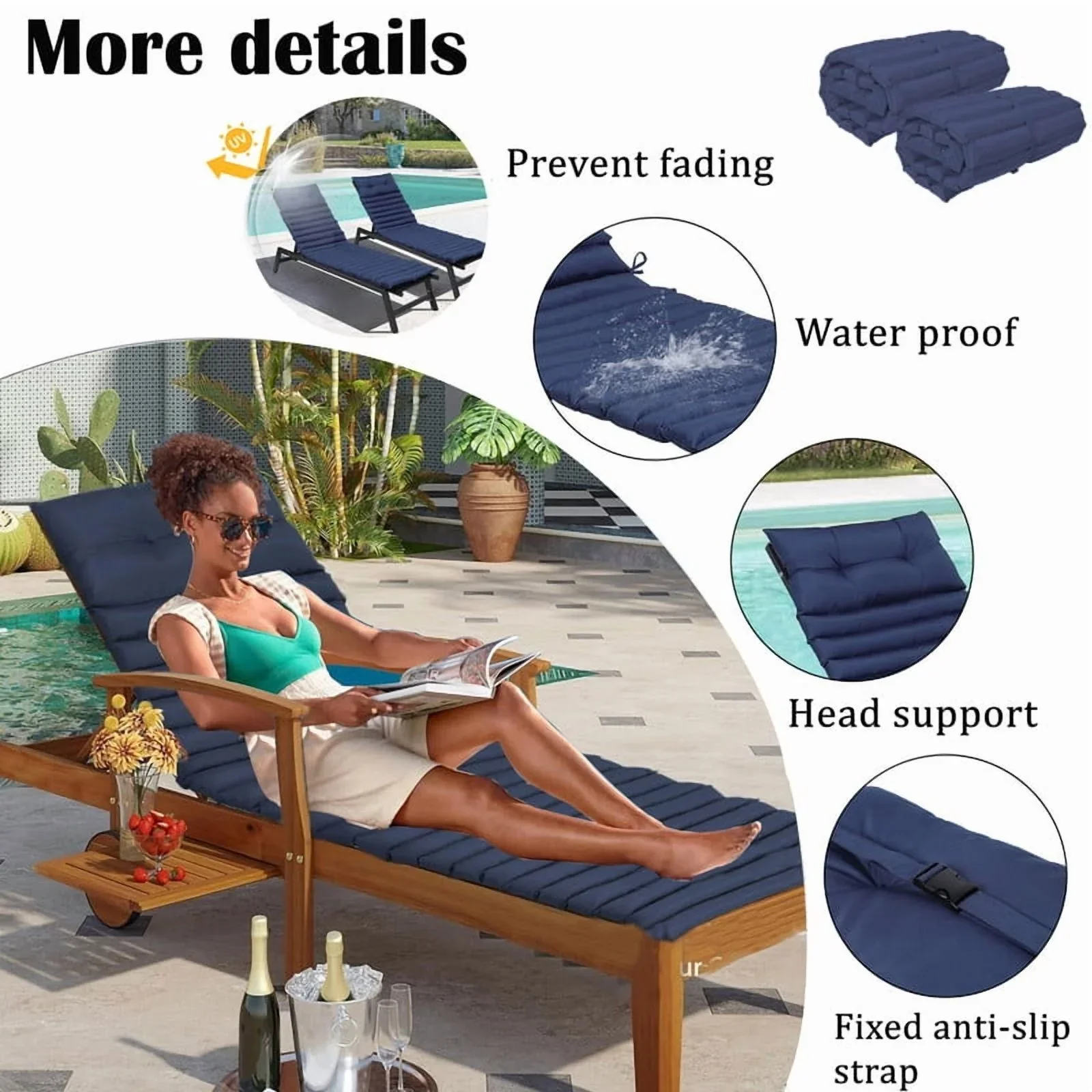 2pcs Outdoor Chaise Lounge Cushions, Waterproof Patio Foldable Chair Cushion for Garden Pool, 73 x 24in Sun Lounger Cushions for Outdoor Furniture��Navy blue��
