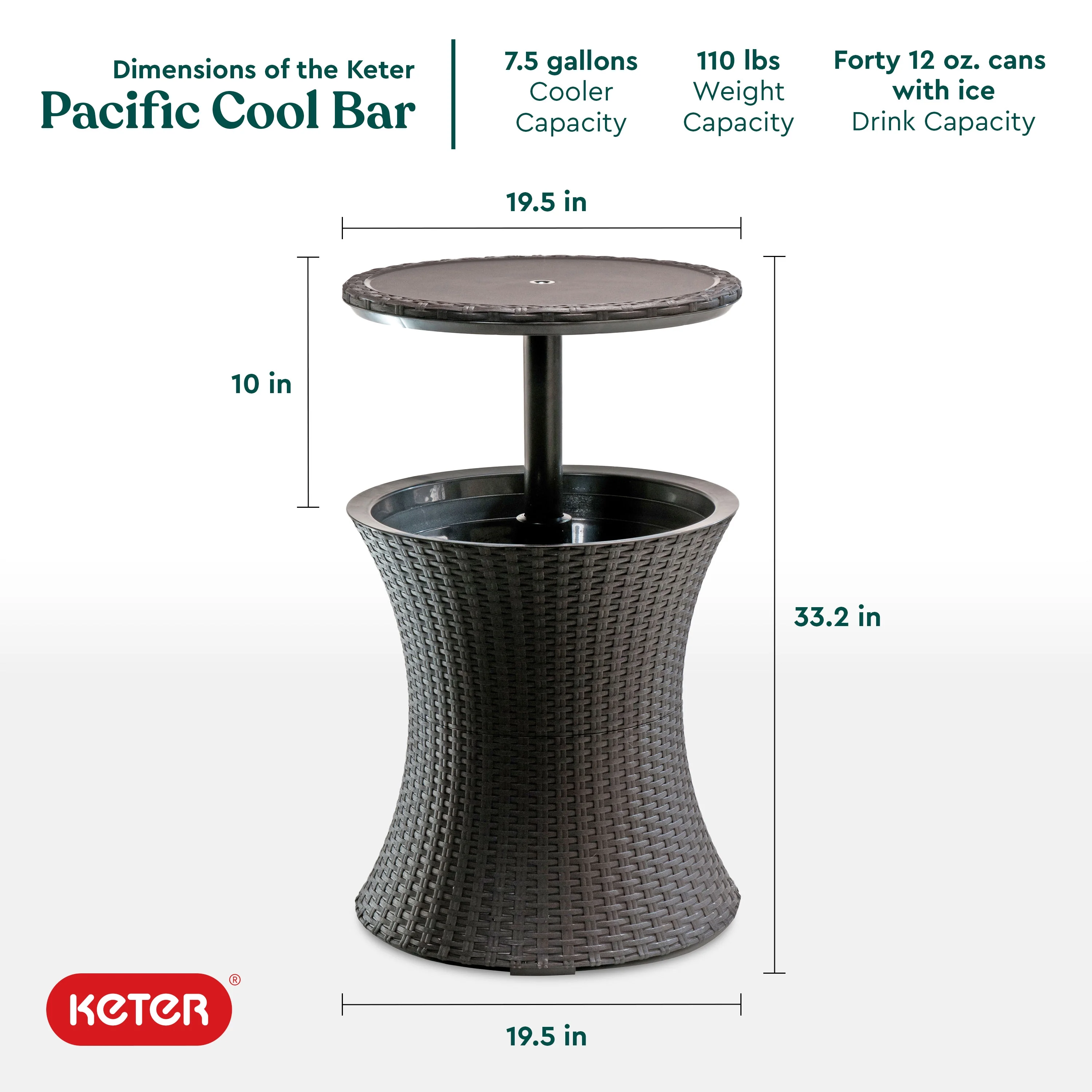 Pacific 7.5 Gallon Cool Bar 2 in 1 Weather Resistant Side Table and Bar Durable Resin Outdoor Patio Beverage Cooler Table, Rattan Look Brown(Brown) - Image 2