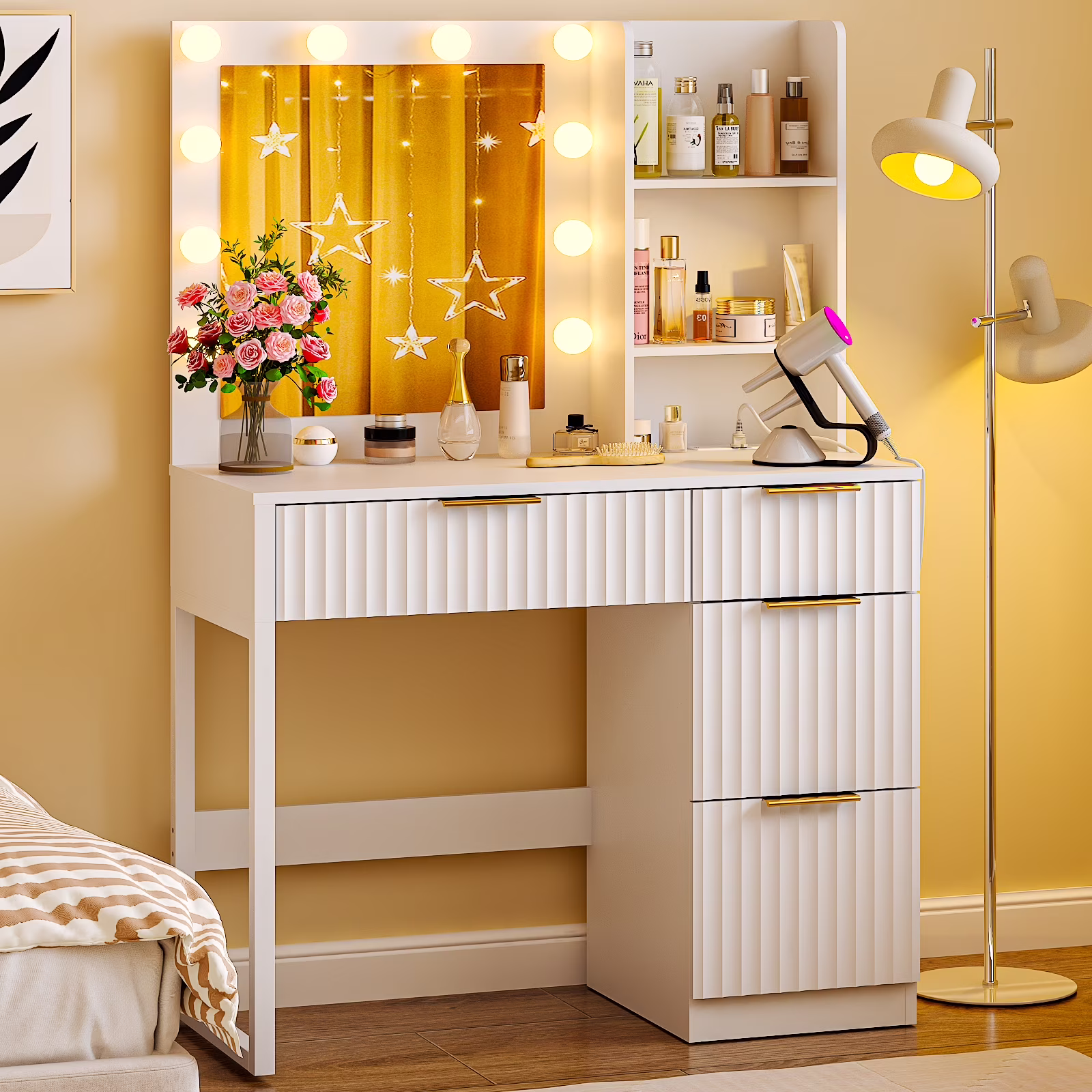Vanity Set with 3 Color Lighted Mirror, Makeup Table with 3 Storage Shelves Drawers, Dressing Table Makeup Desk with Stool,White(White) - Image 5