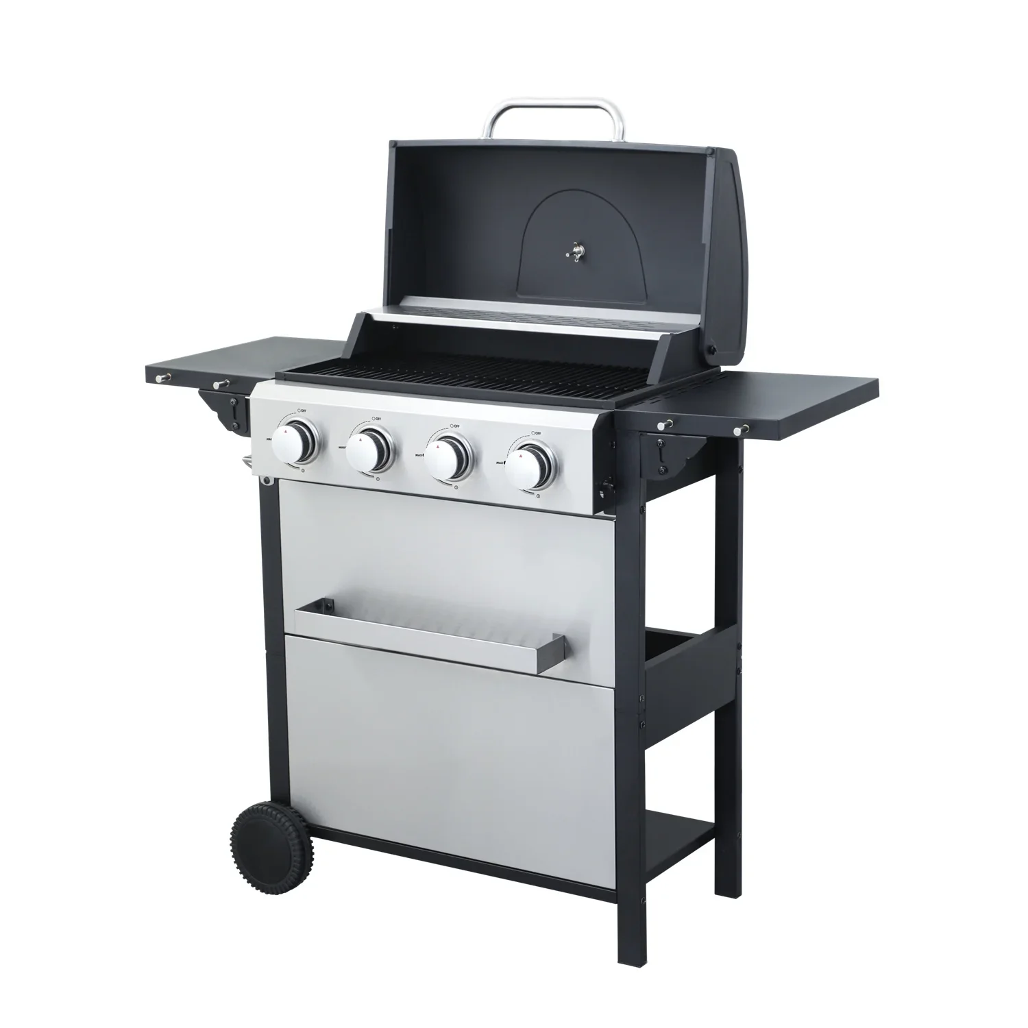 HighSound 3 Burner BBQ Propane Gas Grill, Stainless Steel 25650 BTU Patio Garden Barbecue Grill with Wire Enamel Cooking Grids & Foldable Shelves, Black