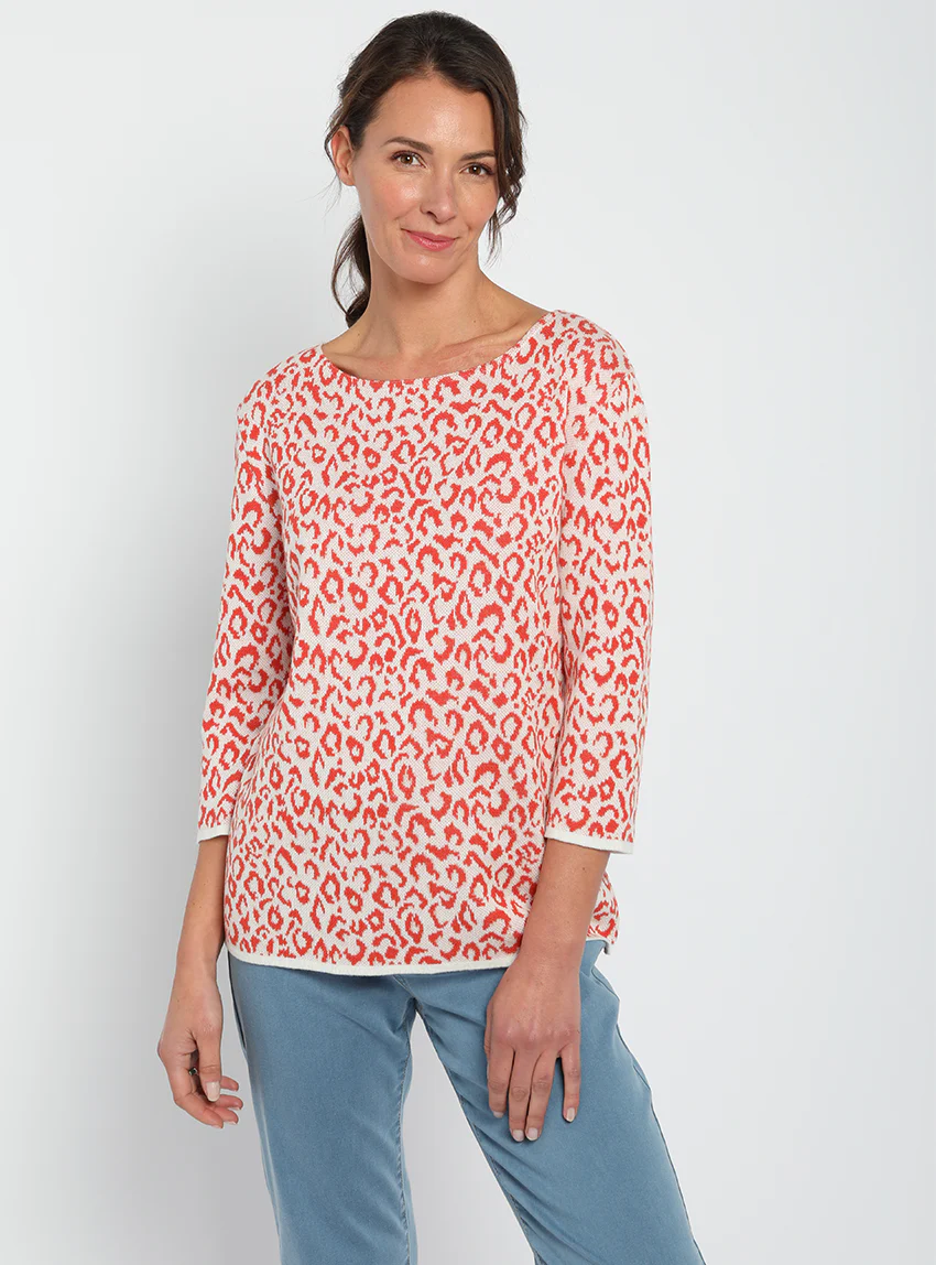 Pull femme jacquard léopard orange terracotta