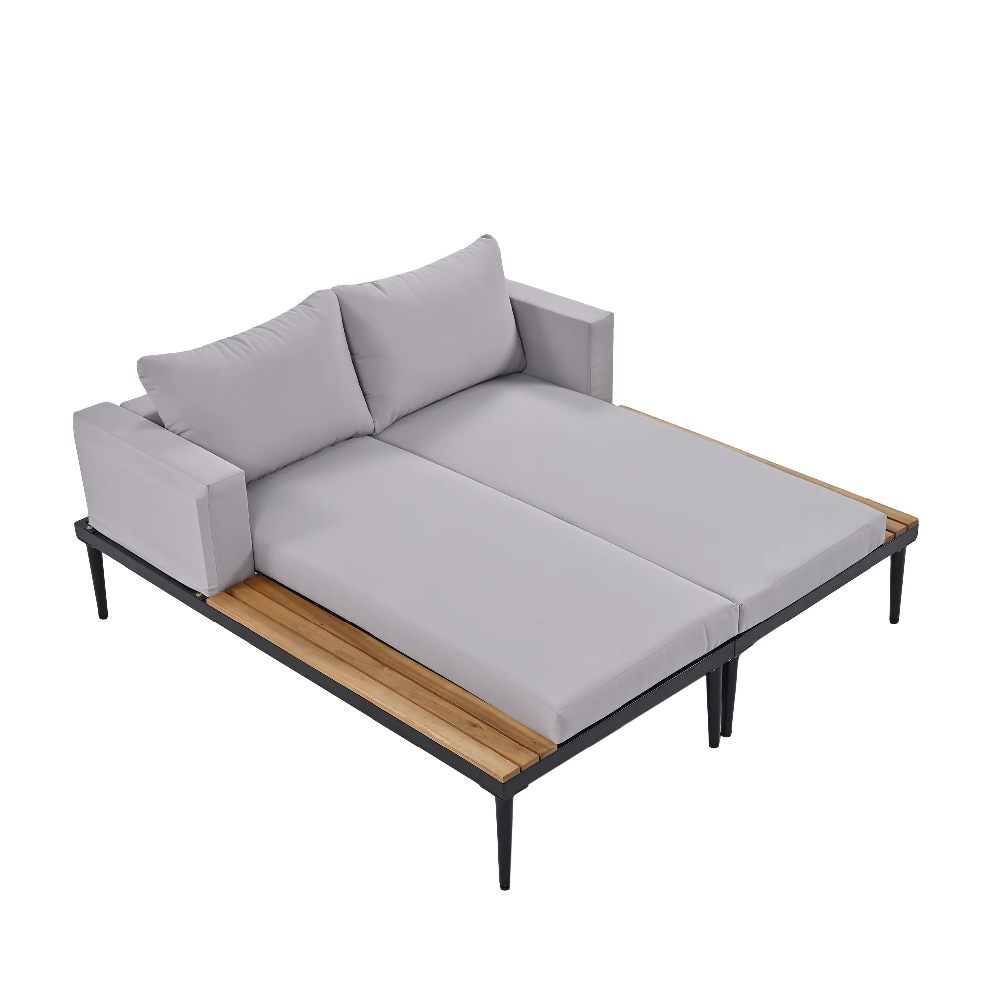 Patio Outdoor Metal Daybed for 2, All Weather Outdoor Chaise Lounges Reclining Chairs with Wood Topped Side Spaces for Drinks for Poolside Balcony Deck, Gray(Gray) - Image 9