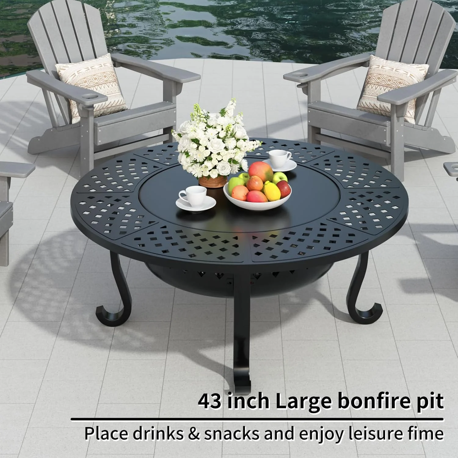 43 Inch Fire Pit with 2 Grill, Outdoor Wood Burning Firepit with Lid, Metal Round Table for Backyard Patio Garden Picnic Camping Bonfire - Image 4