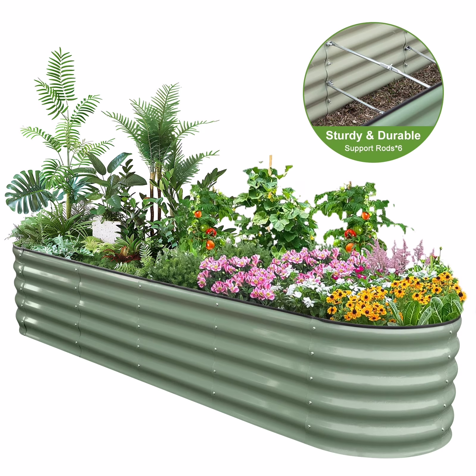 HOOFUN 17 Tall Metal Raised Garden Bed, 9 in 1 Garden Raised 8ftX2ft Garden Bed Kits for Vegetables Flowers, Oval Outdoor Planter Box w/ 6 Support Bars - Olive Green