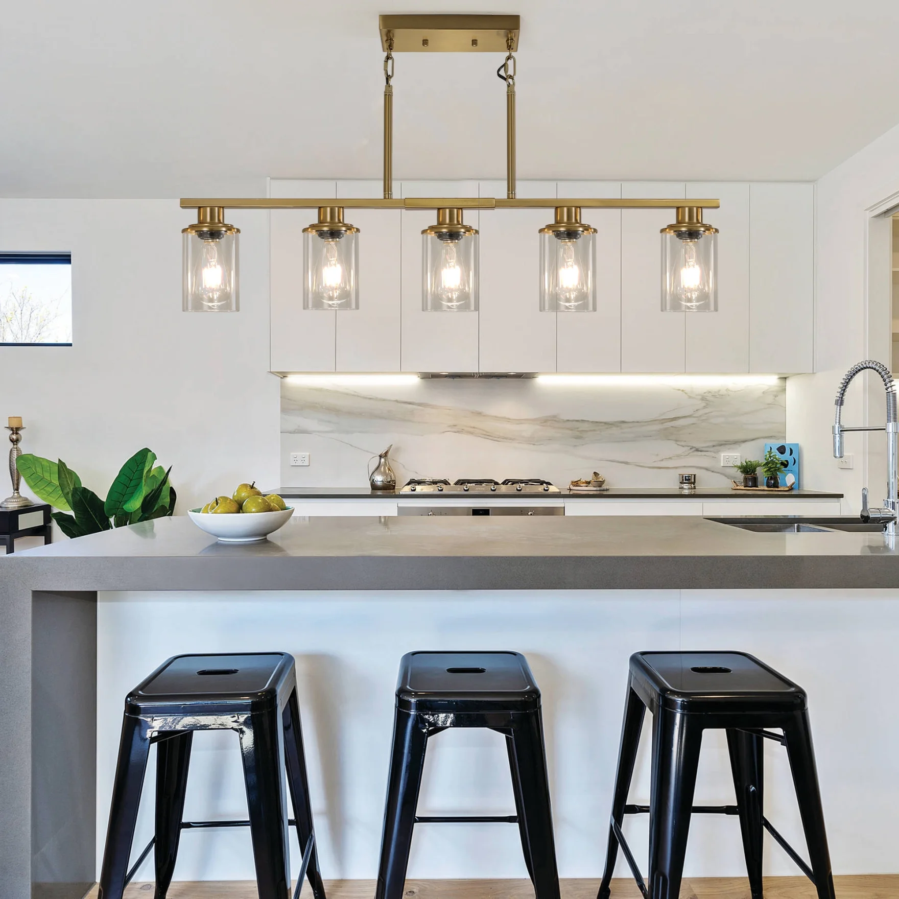 5-Light Kitchen Island Pendant Light, Farmhouse Industrial Chandeliers with Two Metal Rod Supports, Rectangular Island Lights for Kitchen, Living Room, Walnut/Black