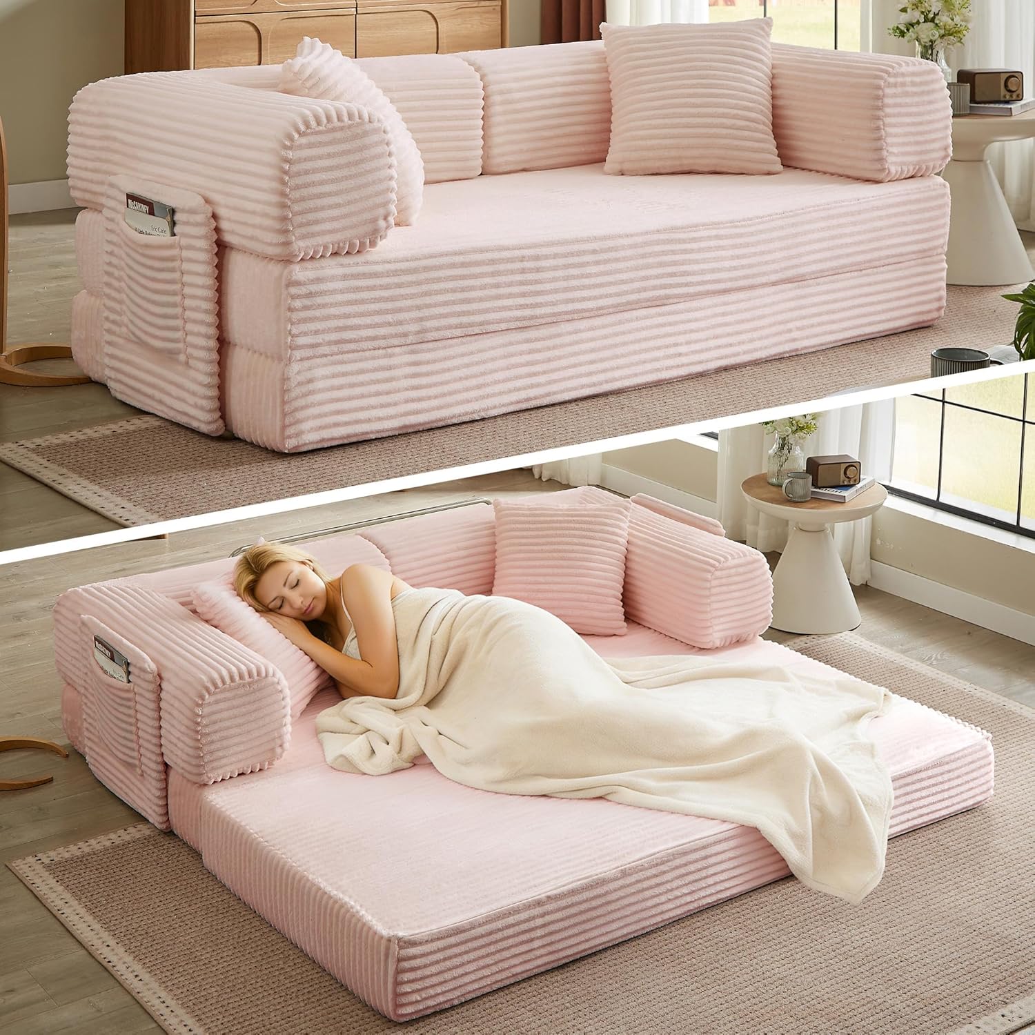 Canapé-lit futon pliable sans os pour salon, canapé-lit futon avec assise fixe surdimensionnée en velours côtelé (blanc, 81 pouces)