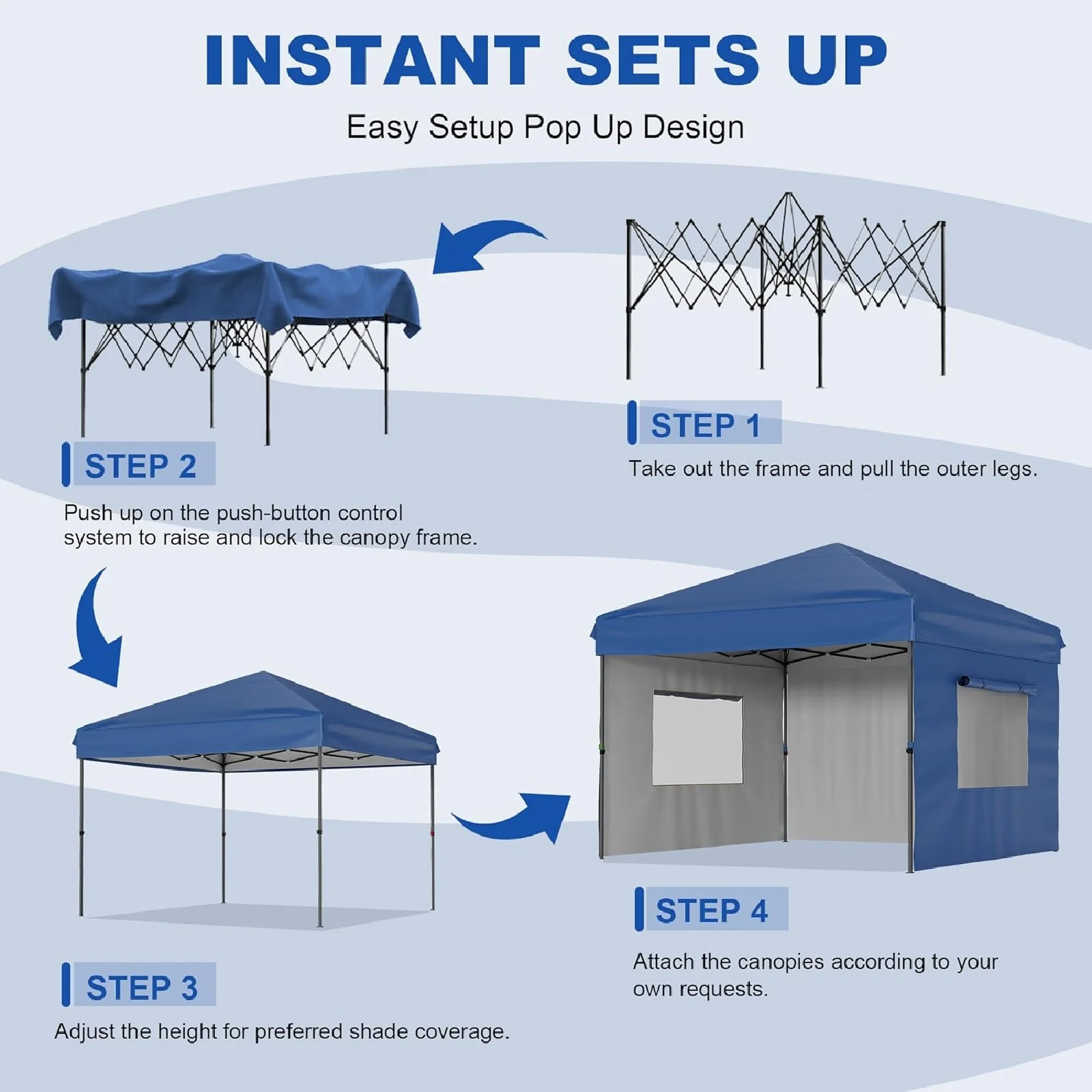10x10FT Pop Up Canopy Tent, Folding Tent Shelter with 3 Removable Sidewalls, Easy Setup Outdoor Canopy, Height Adjustable Shelter Gazebos(10' x 10'/Blue) - Image 7