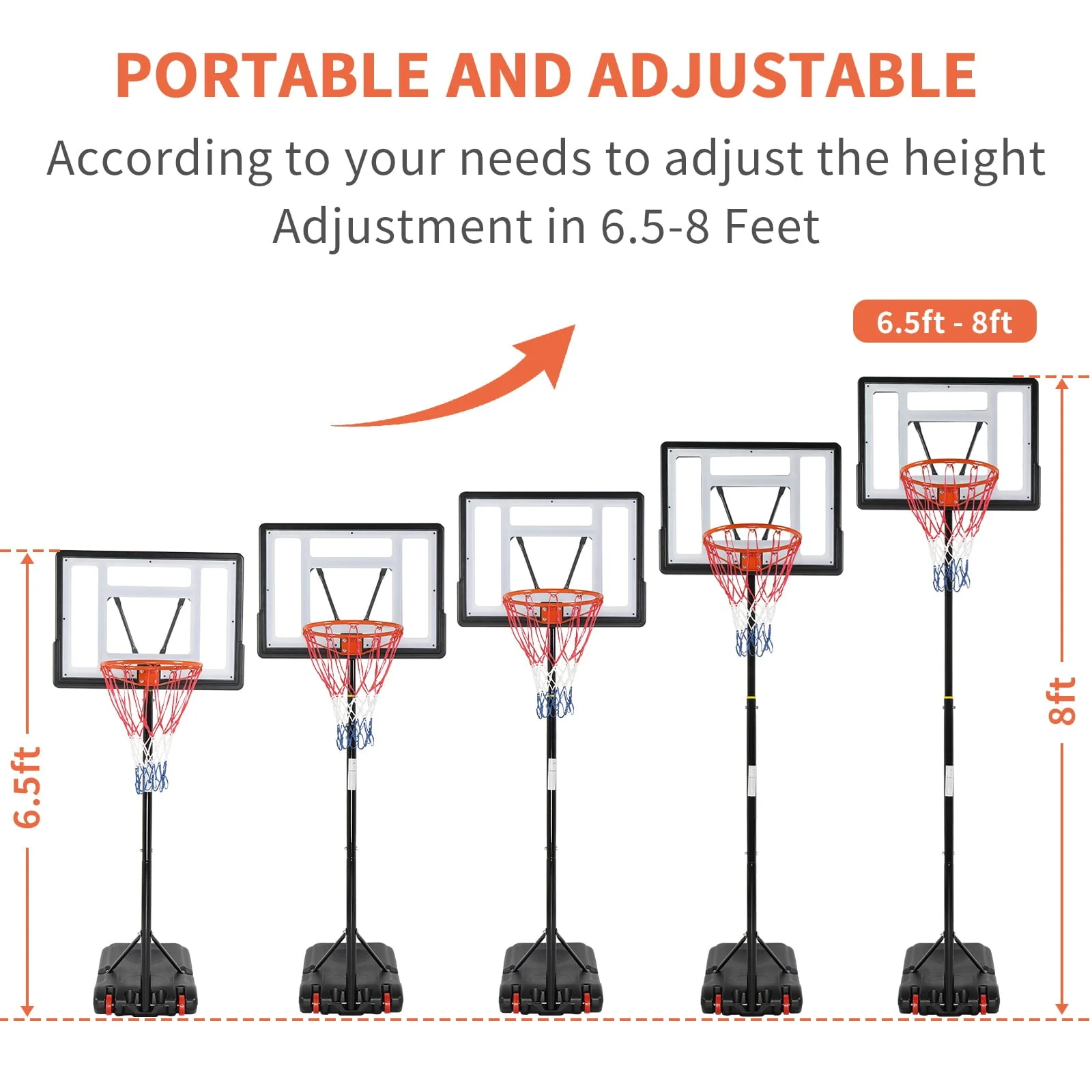 33 In. Portable Basketball Hoop Stand, 6.5-8 ft Adjustable Basketball Goal System, with PVC Backboard Indoor/Outdoor - Image 5