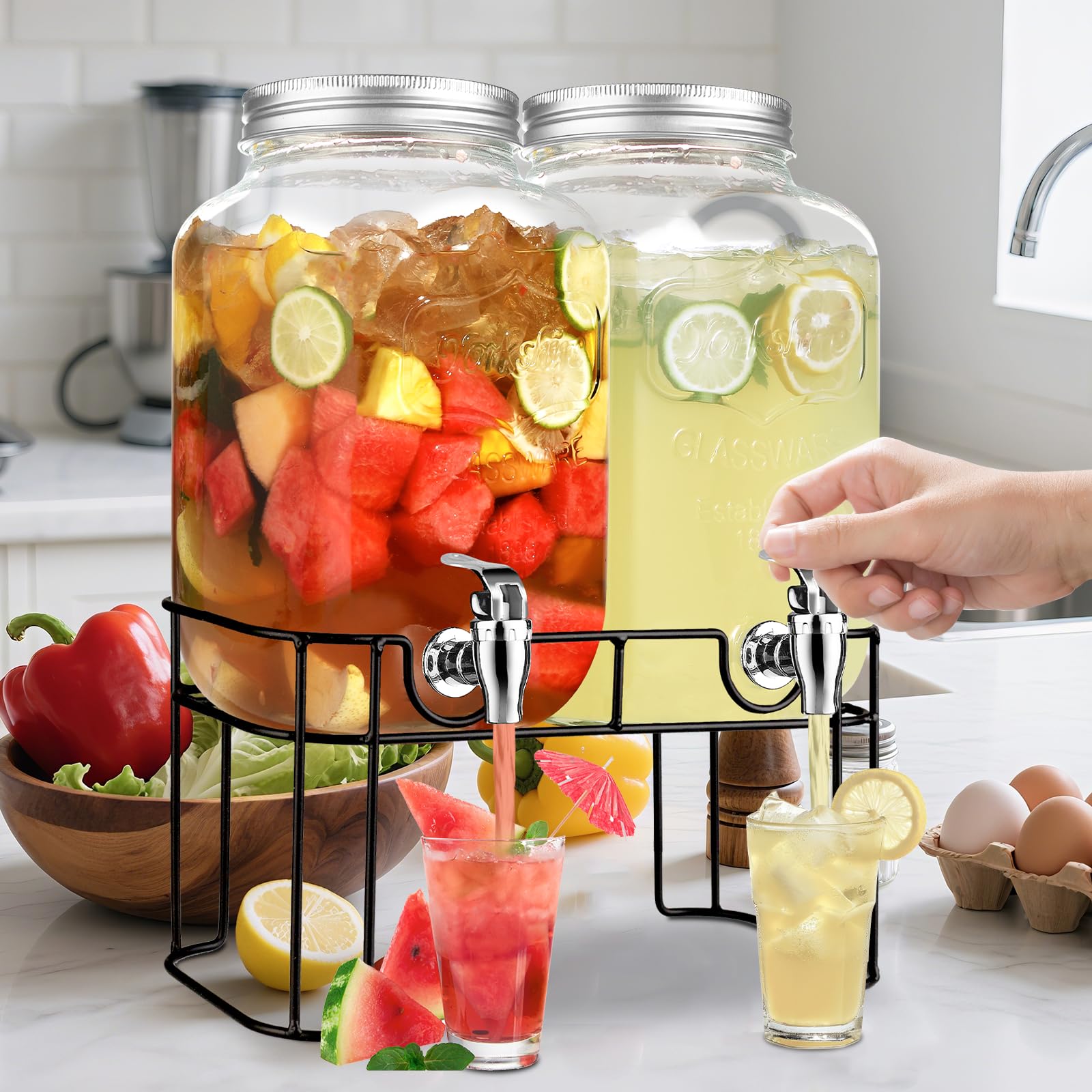 2 Gallon Glass Drink Dispensers For Parties，Lemonade Beverage Dispenser With Stand And Spigot For BBQ, Picnic, Party,Laundry Detergent Dispenser