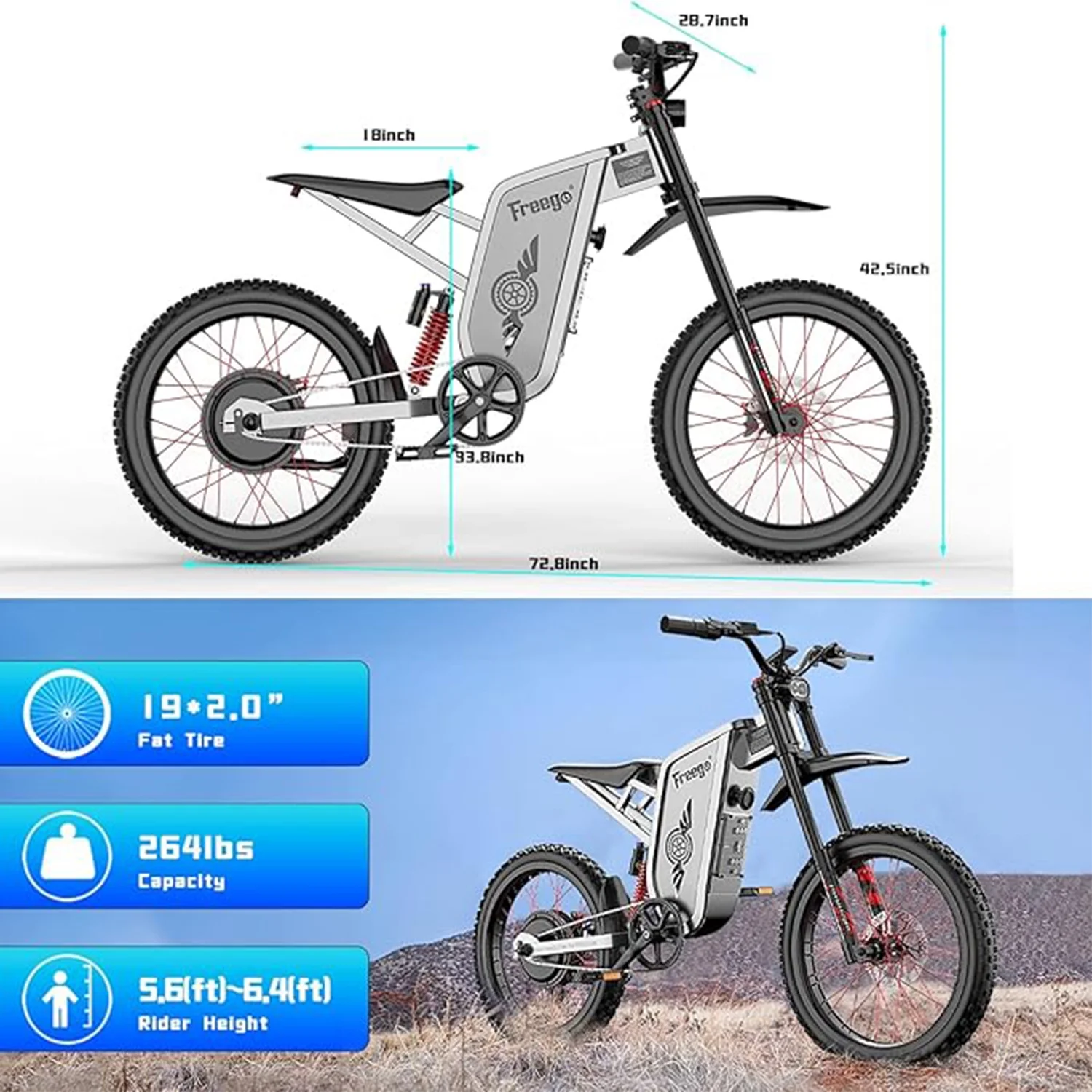 X2 Pro 6000W(Peak) Motor Electric Dirt Bike for Adult, 60V30AH Battery Electric Motorcycle,50MPH Speed Electric Bicycle,19x2'' Full Suspension/Hydraulic Brake - Image 4