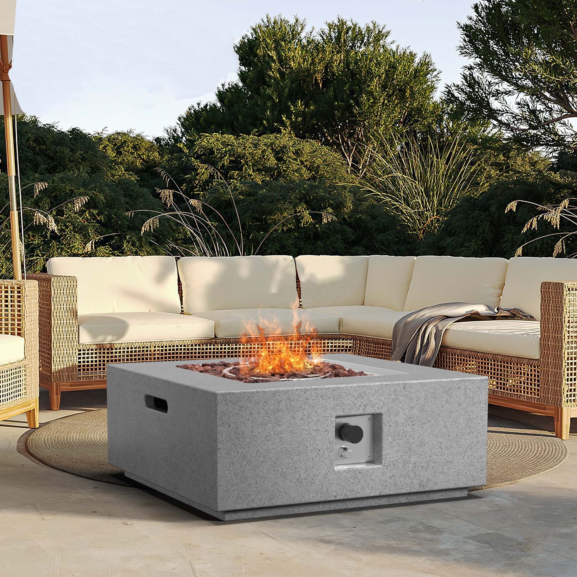 ESSENTIAL LOUNGER Outdoor Propane Fire Pit 50,000 BTU 35-inch Square Concrete Natural Gas Fire Table Outside Smokeless Firepit Furniture with Propane Tank Metal Stand for Garden,Deck,Backyard,Grey