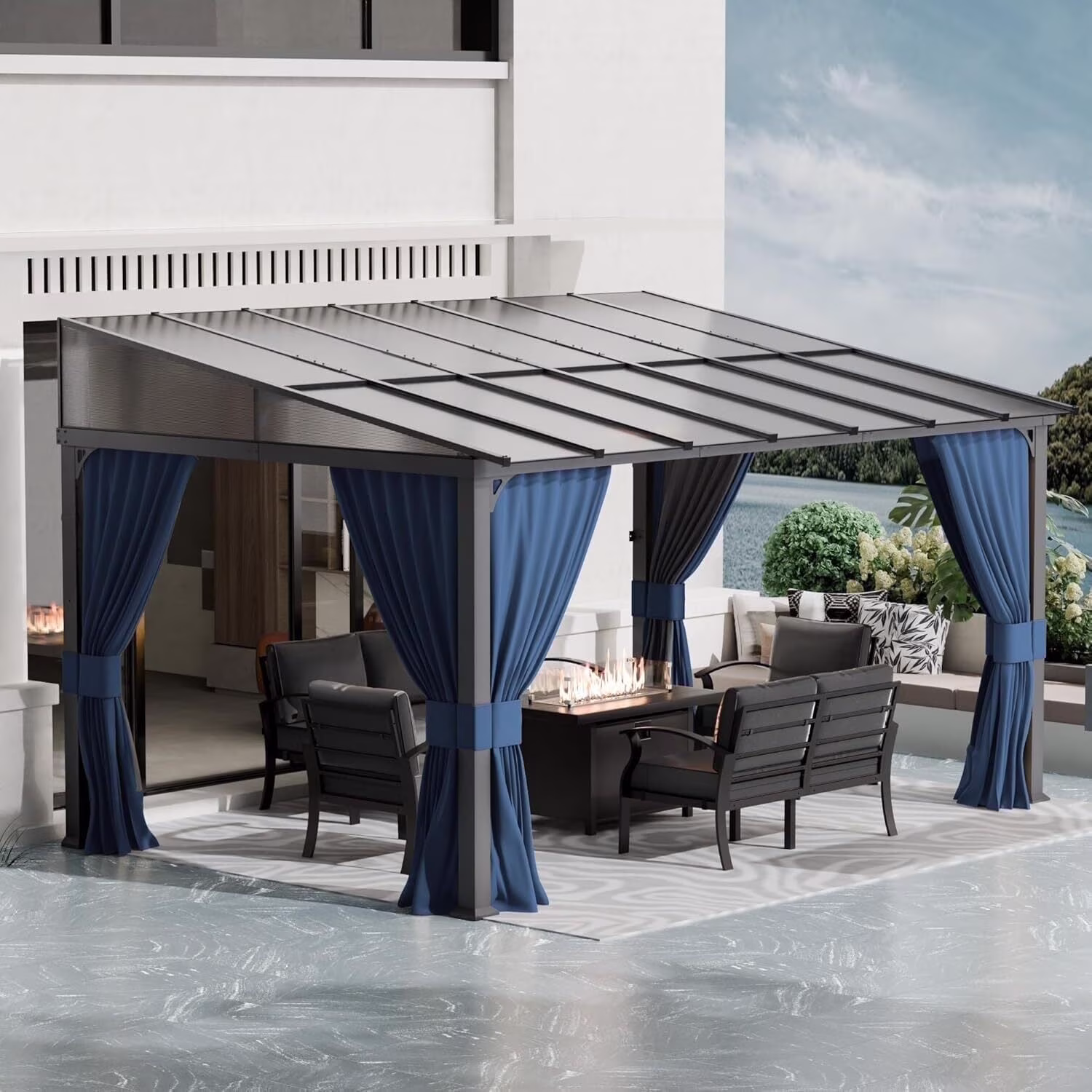 ASJMR 10x14FT Wall Mounted Gazebo with Polycarbonate Roof,Metal Frame Lean to Gazebo With Double Curtains for Garden Lawn Backyard Deck,Navy