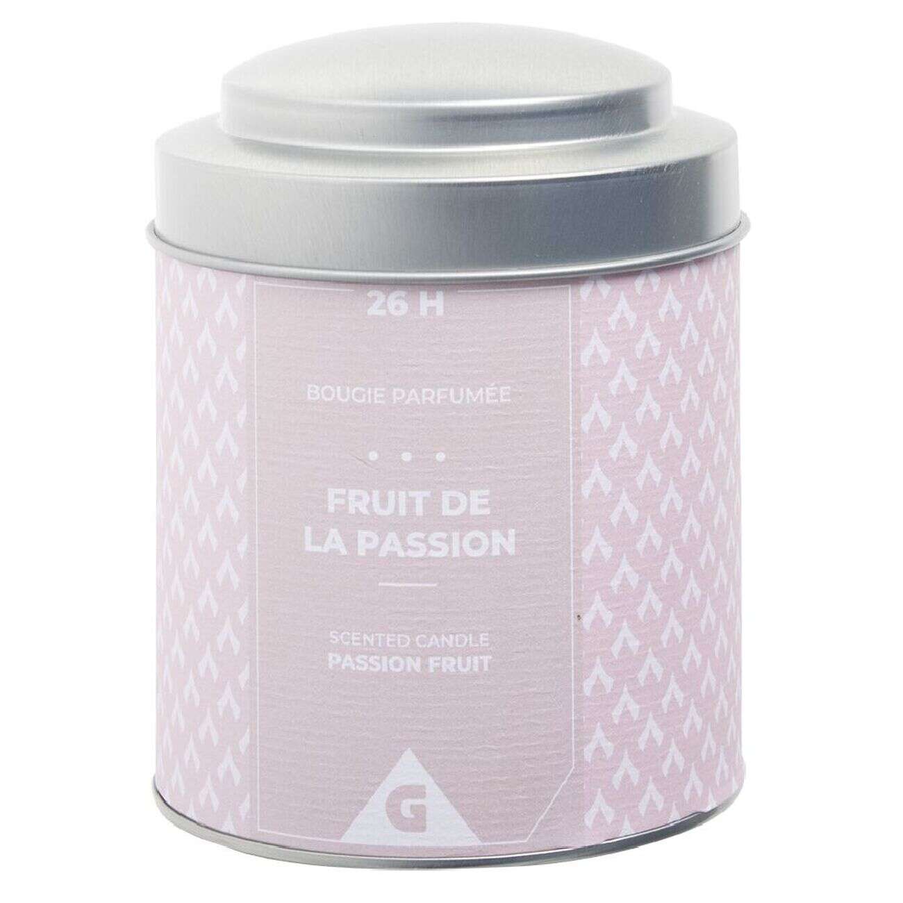 Bougie parfumée pot métal gris et rose senteur fruit de la passion 26H
