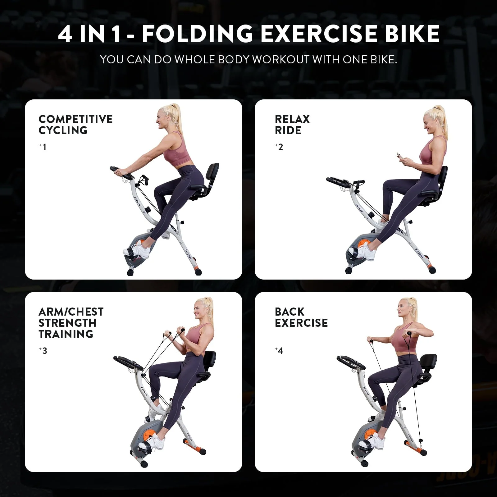 Folding Exercise Bike 4 in 1 Upright Indoor Cycling Bike with 350lbs Capacity Foldable Stationary Bike with Large Comfortable Seat Cushion and Arm Resistance Band, Pulse Sensor Image 9