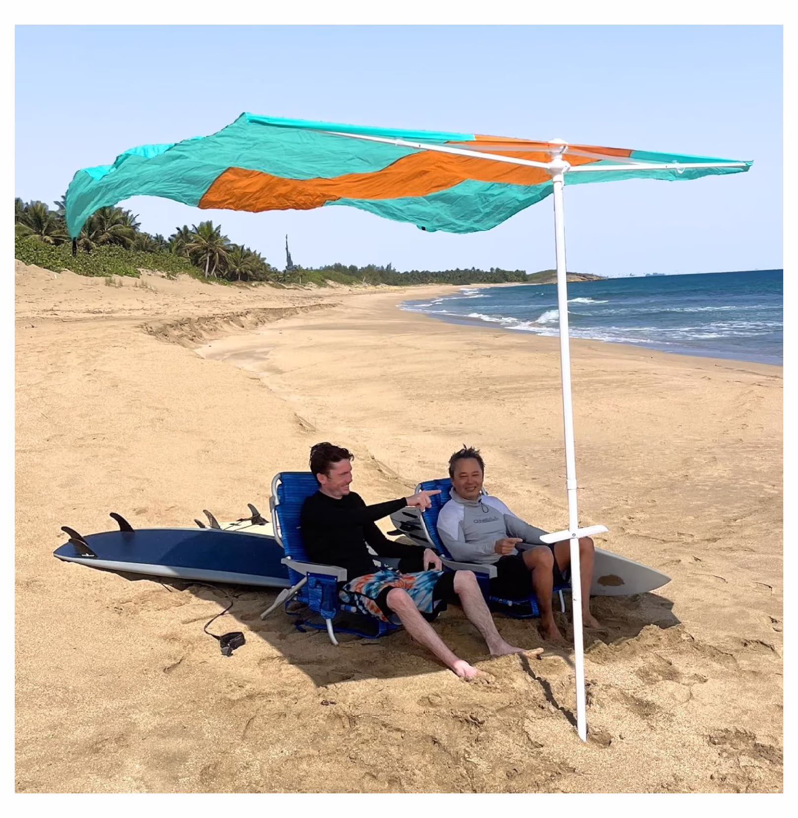 Flow Shade Beach Tent Wind Sun Canopy Portable Easy Set up UPF 50+ No Assembly Requires 3 - 30 MPH - 1 to 4 People - 8 Foot X 8 Foot Fabric Top Orange and Blue