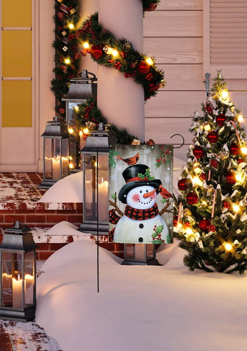 Frosty & Cardinals Christmas Garden Flag - 12 x 18, Double Sided, Snowman