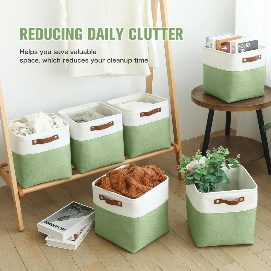 Cube Storage Baskets 6 Pack, 11x11 Inch Foldable Cube Storage Bins With Leather Handles For Shelf Closet Nursery Toys (White/ Green)