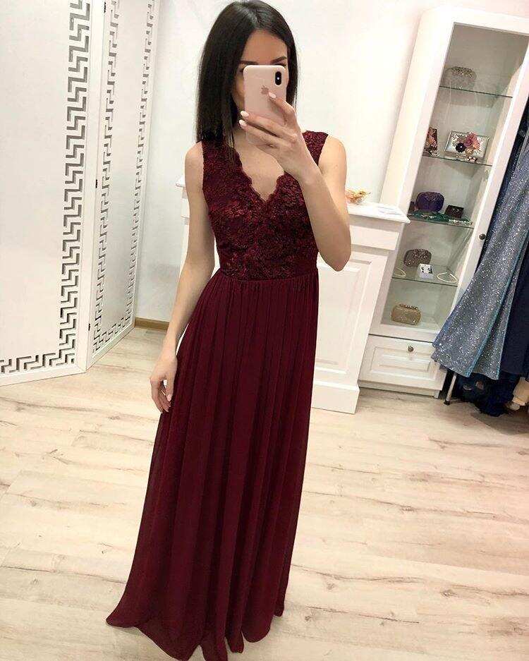 Burgundy Chiffon Lace Appliques Prom Dresses, Long Cheap Prom Gown DMK30