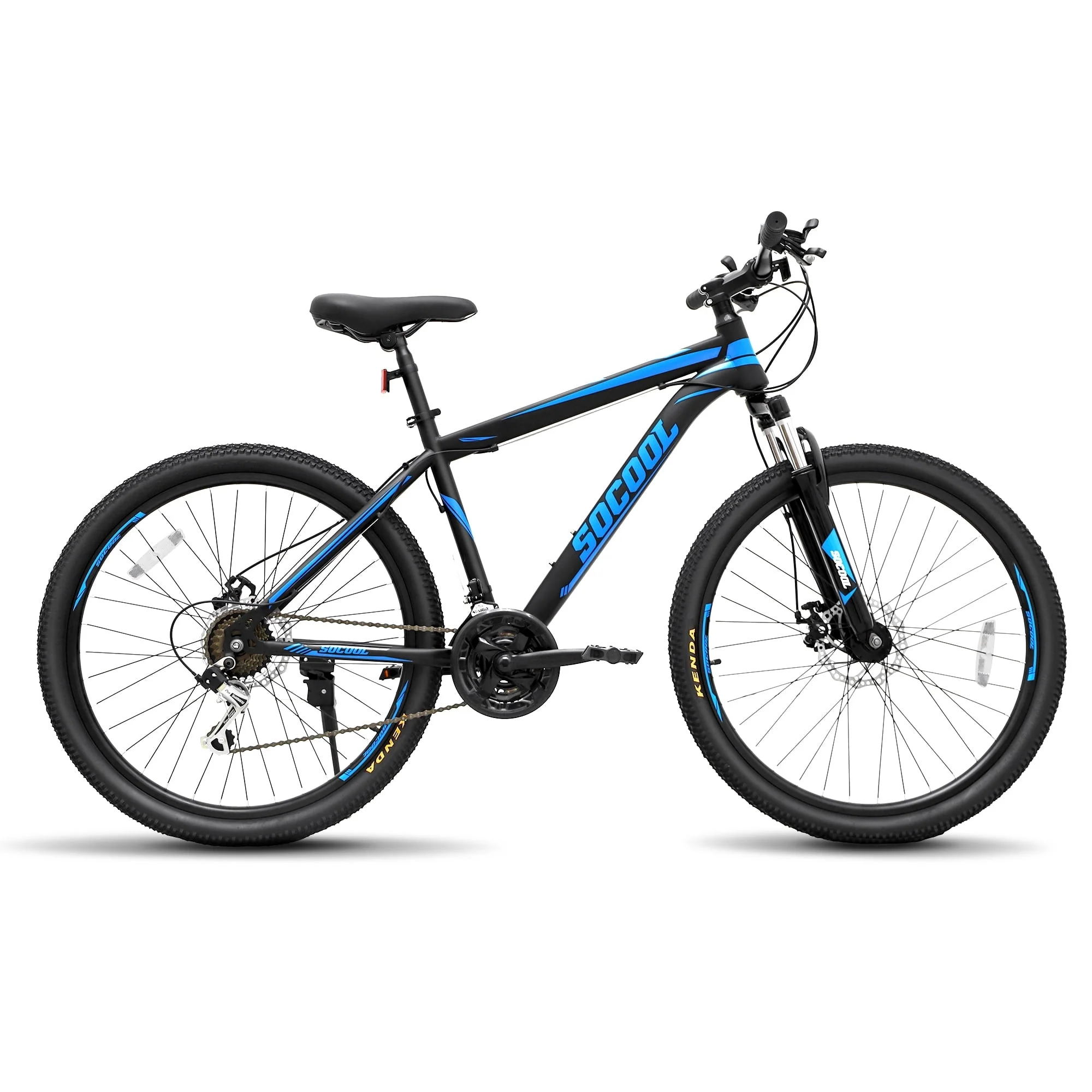 SOCOOL Adult Mountain Bike, Stainless Steel Frame, 26 in Wheels, 21 Speed Shimano, Suspension Fork and Dual Disc Brake, Hardtail Bicycle for Mens Womens - Black & Blue