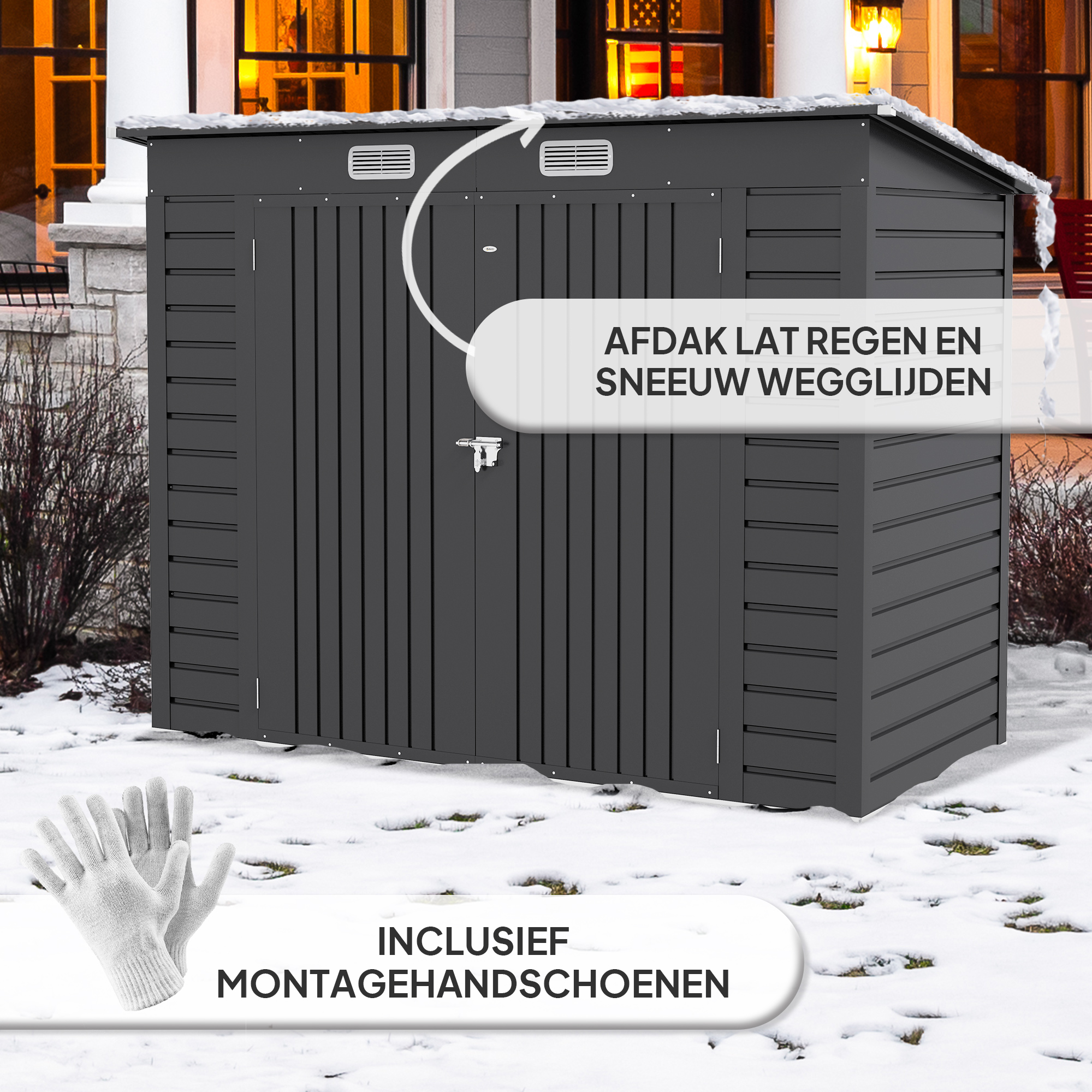 Outsunny Stalen tuinschuurtje, Geräteschuppen, Dubbele Deuren, 249B x 121D x 166/183H cm, Grijs