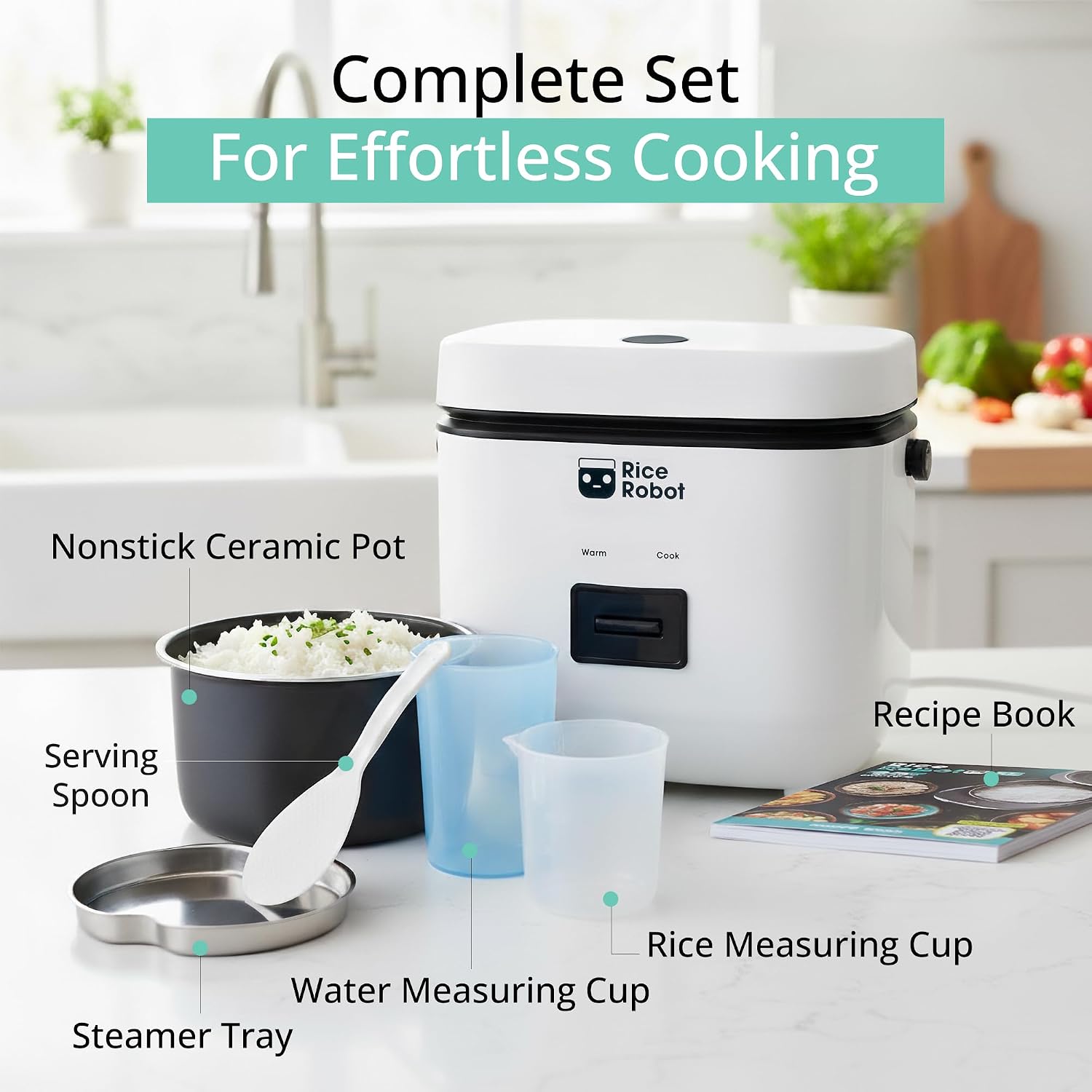 Rice Robot Personal Rice Cooker, PFAS-free, Nonstick1 Quart Capacity, with Stainless Steel Steamer Tray, Measuring Cups, Recipe Book with 60 Recipes, and Serving Spoon, As Seen On TV