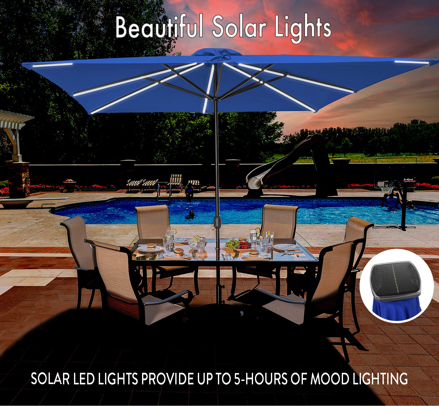 Freetime Fun Heavy Duty Ibiza 8' x 10' Rectangular Outdoor Patio Umbrella with Solar Lights, Blue(Blue)