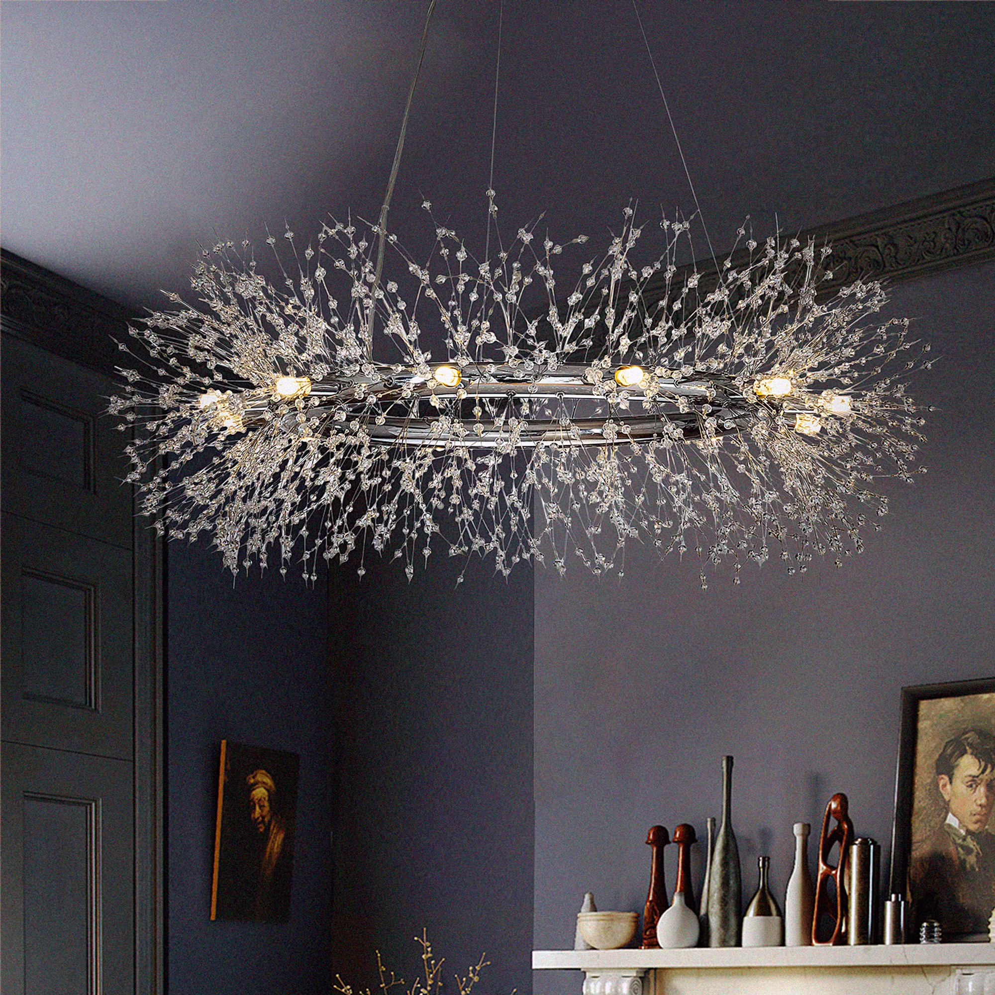12-Lights Antique Brass Wagon Wheel Modern Crystal Firework Chandelier Glam Round Pendant Light Fixture for Dining Room or Living Room
