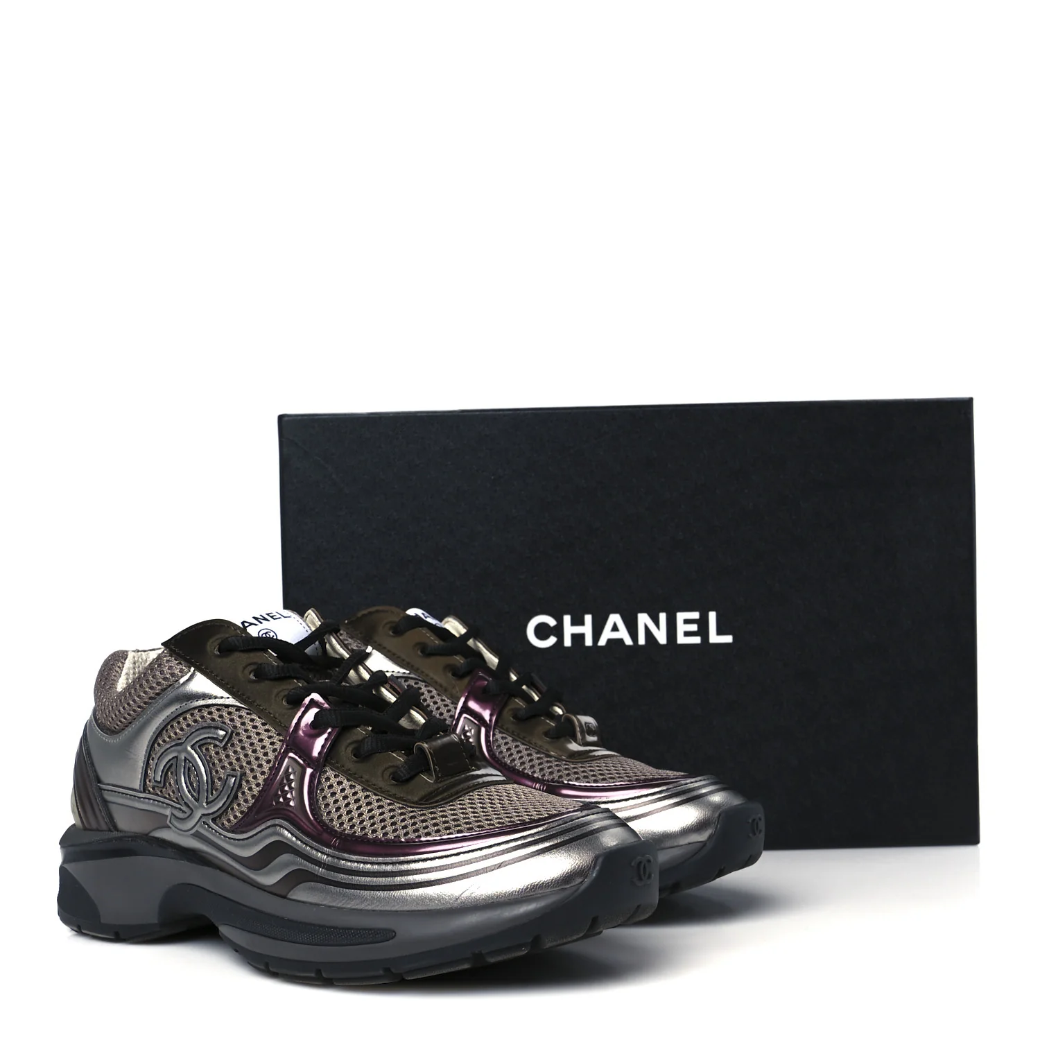 Fabric Laminated Calfskin Stretch CC Womens Sneakers 37 Khaki Silver Dark Purple