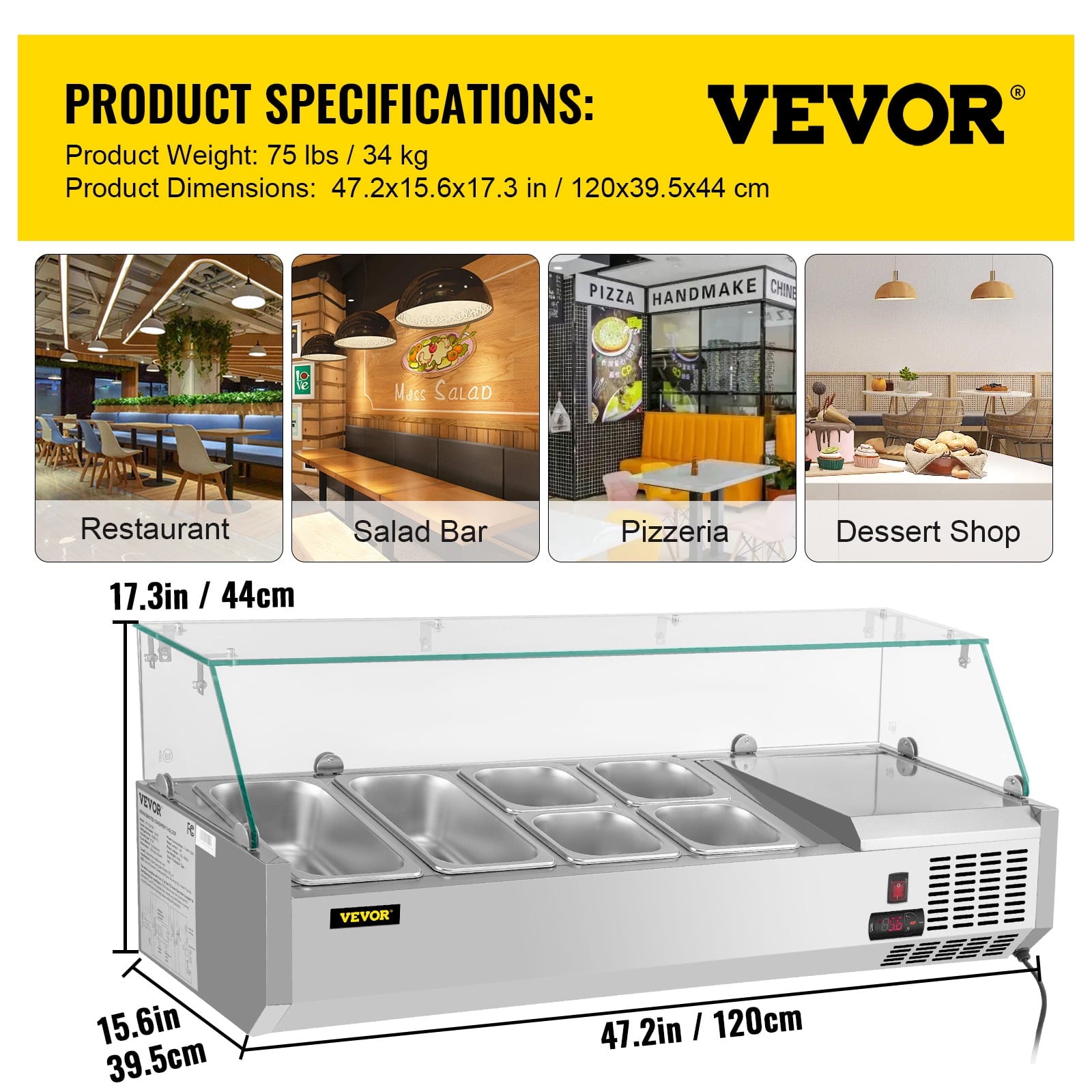 Refrigerated Condiment Prep Station. 48-inch. 10.8Qt Sandwich / Salad Prep Table w/ 3 1/3 Pans & 4 1/6 Pans. 146W Salad Bar w/ 304 Stainless Body Tempered Glass Shield Digital Panel Auto Defrost