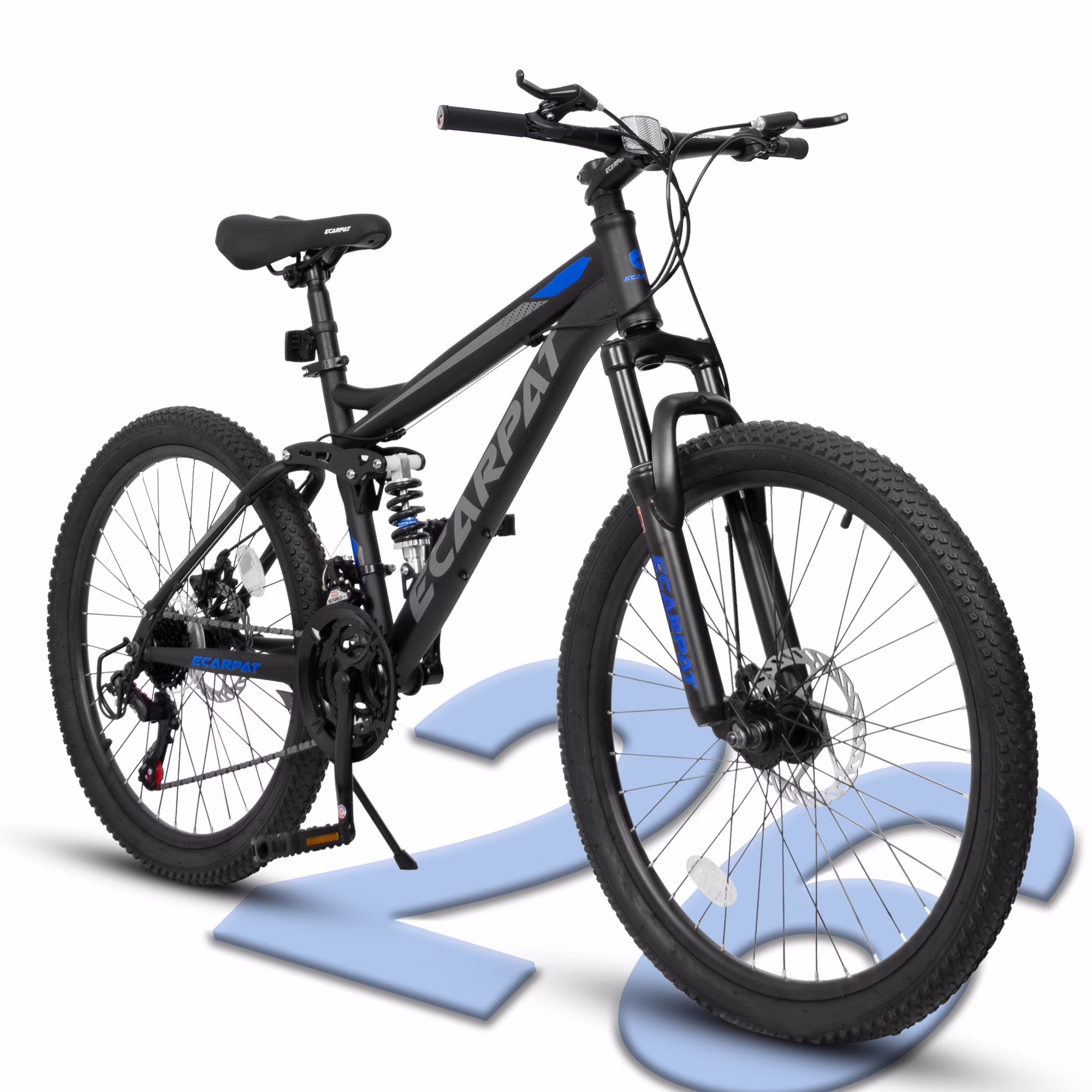 Ecarpat 26 inch Mountain Bike, 21-speed Bike with Dual Suspension, High-Carbon Steel Frame and Disc Brakes, MTB Commuter Bicycles for Men Women, Black-Blue
