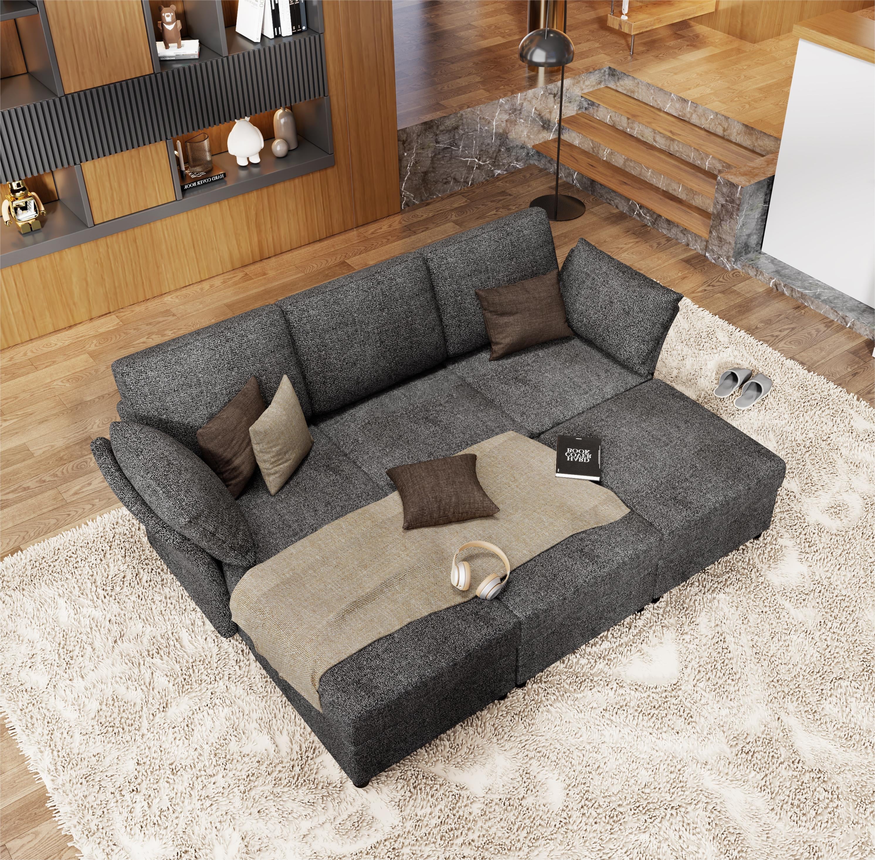 Papajet Sectional Sofa, Modular Sectional Couch with Ottomans- 6 Seat Sofa Couch for Living Room, Convertible U Shaped Couch with Chaise, Oversize W107"xD54"xH37" Dark Grey(5 Seats/Beige)