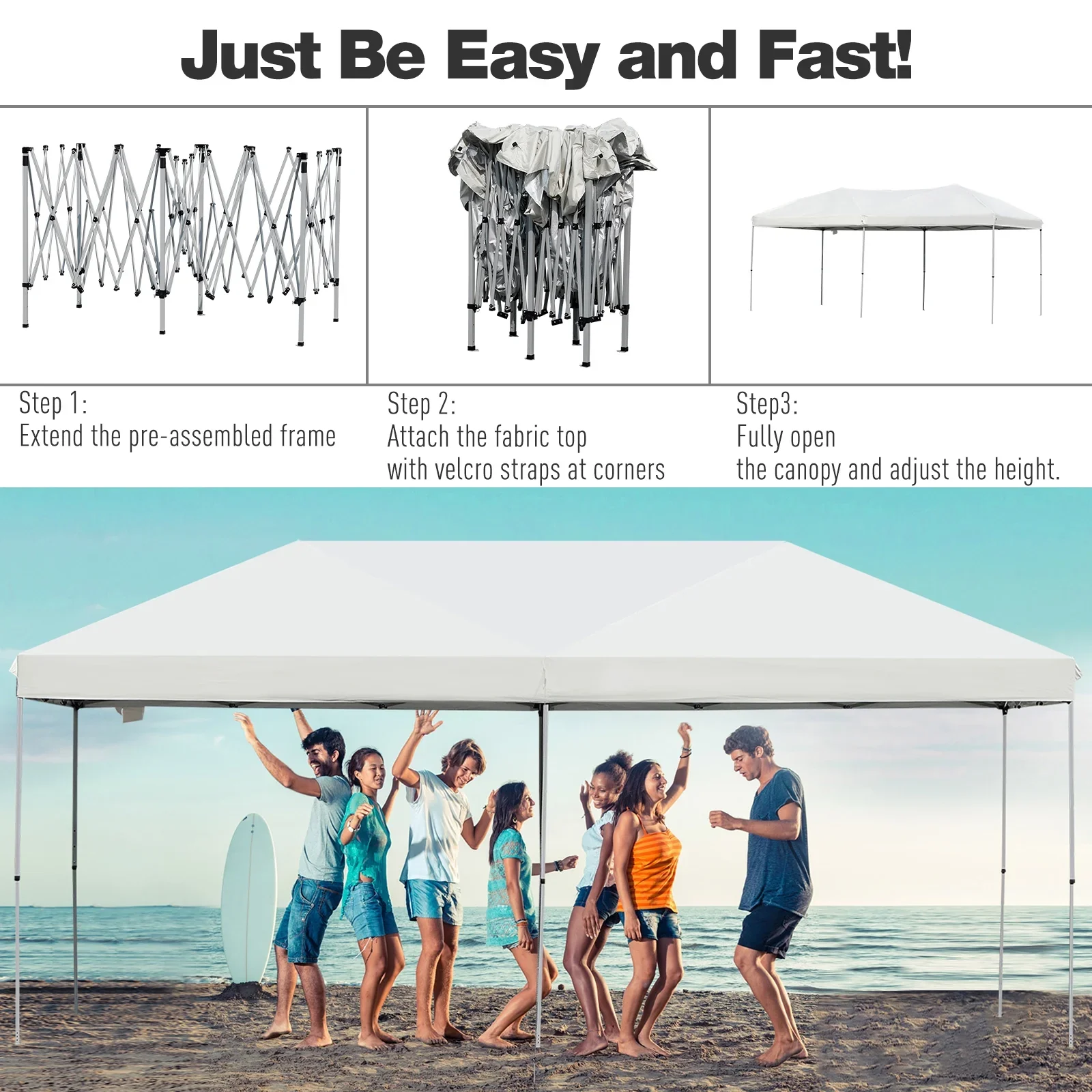 Outsunny 10' x 19' Pop Up Canopy with Easy Up Steel Frame, 3-Level Adjustable Height and Carrying Bag, Sun Shade Event Party Tent for Patio, Backyard, Garden, Blue