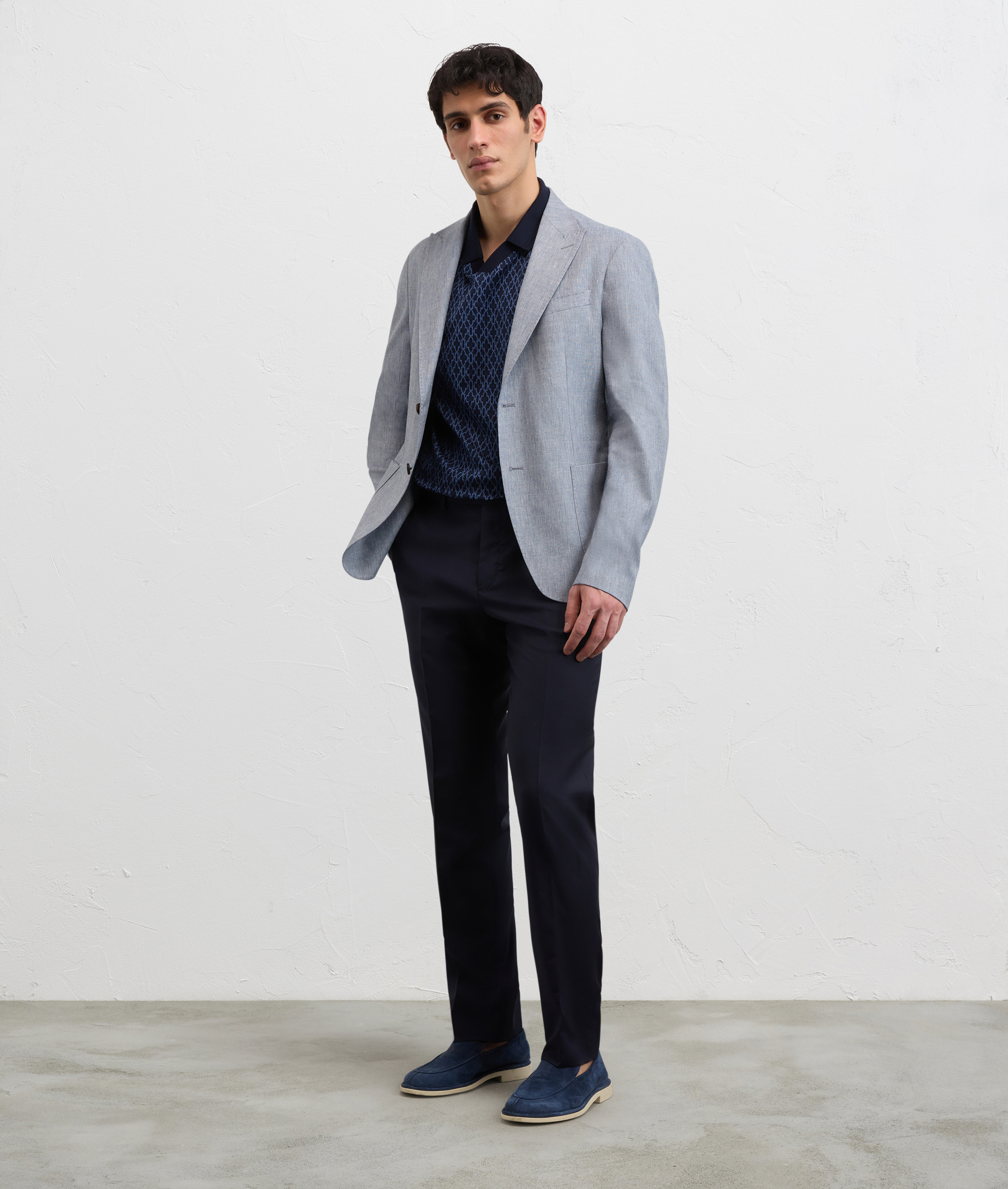 NAVY BLUE MELANGE SOLID COLOR VIRGIN WOOL AND ELASTANE TROUSERS