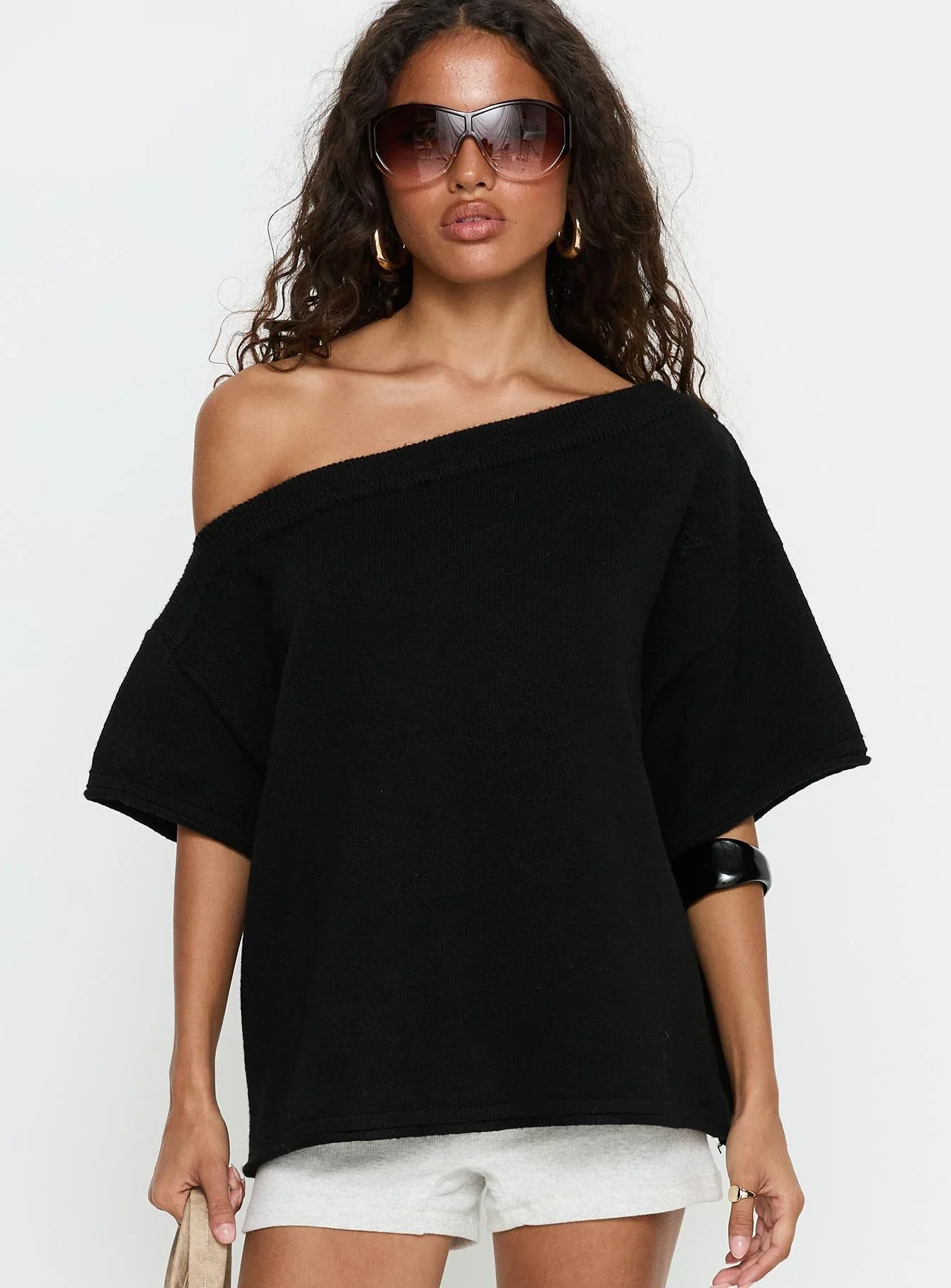 Kourta Off Shoulder Oversized Knit Top Black