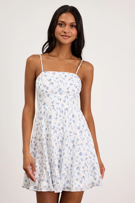 So Effortless White Floral Print Swiss Dot Tie-Back Mini Dress
