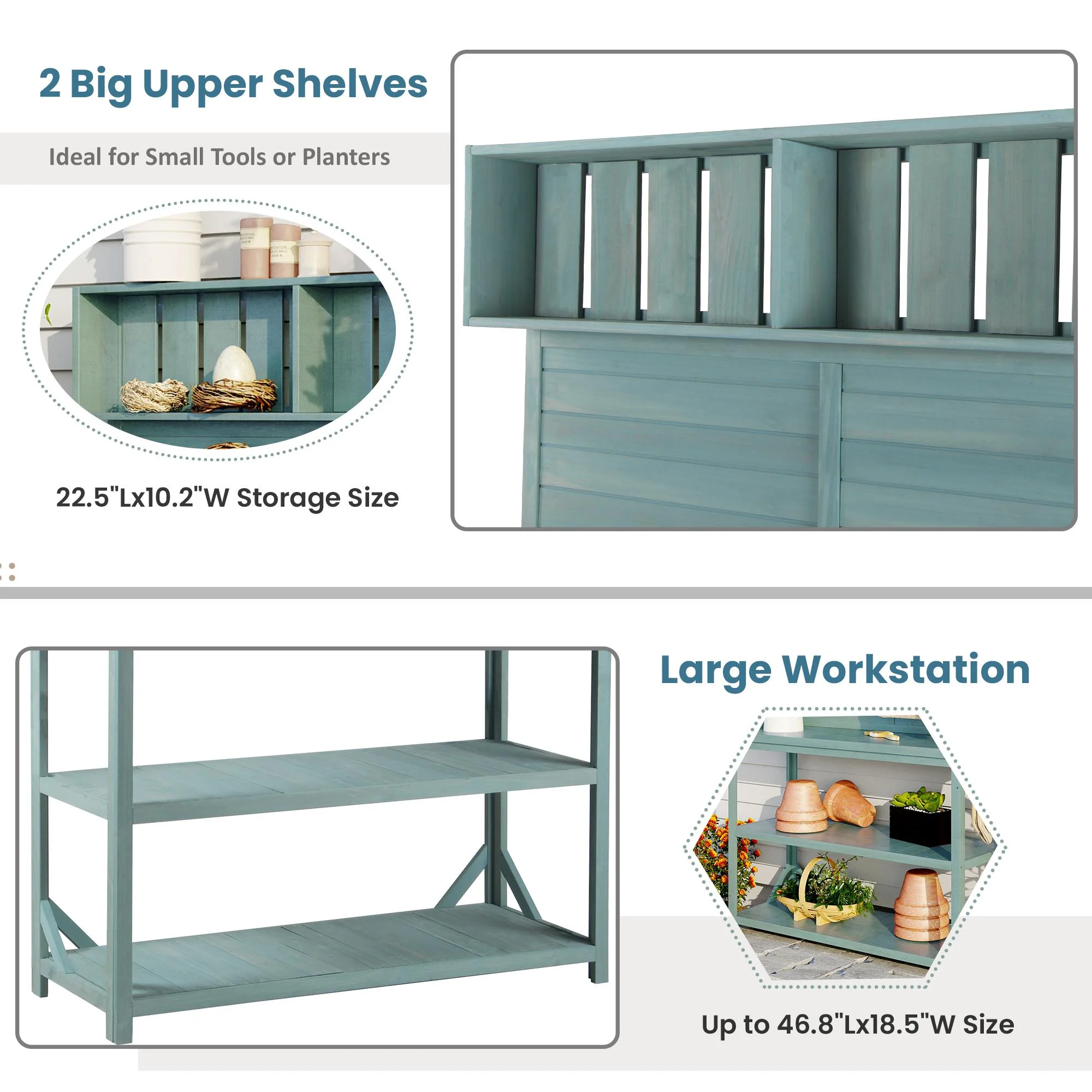 65" Large Wooden Farmhouse Rustic Outdoor Potting Bench Table, Patio Workstation, Garden Potting Bench with 4 Storage Shelves and Side Hook,Green - Image 6