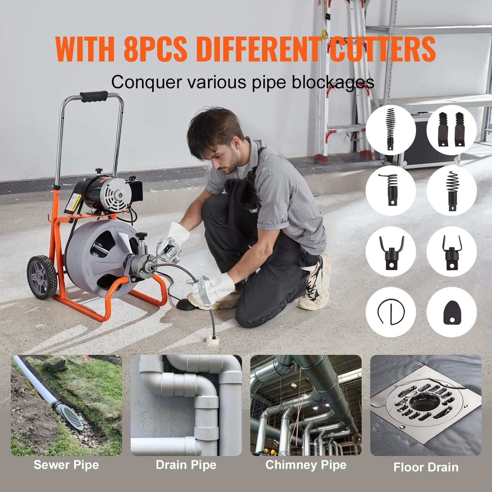 Drain Cleaner Machine 100FT x 3/8 Inch, Auto Feed Sewer Snake Drain Auger on Wheels, Portable Drain Cleaning Machine with 8 Cutters Air-activated Foot Switch for 2" to 4" Pipes - Image 7