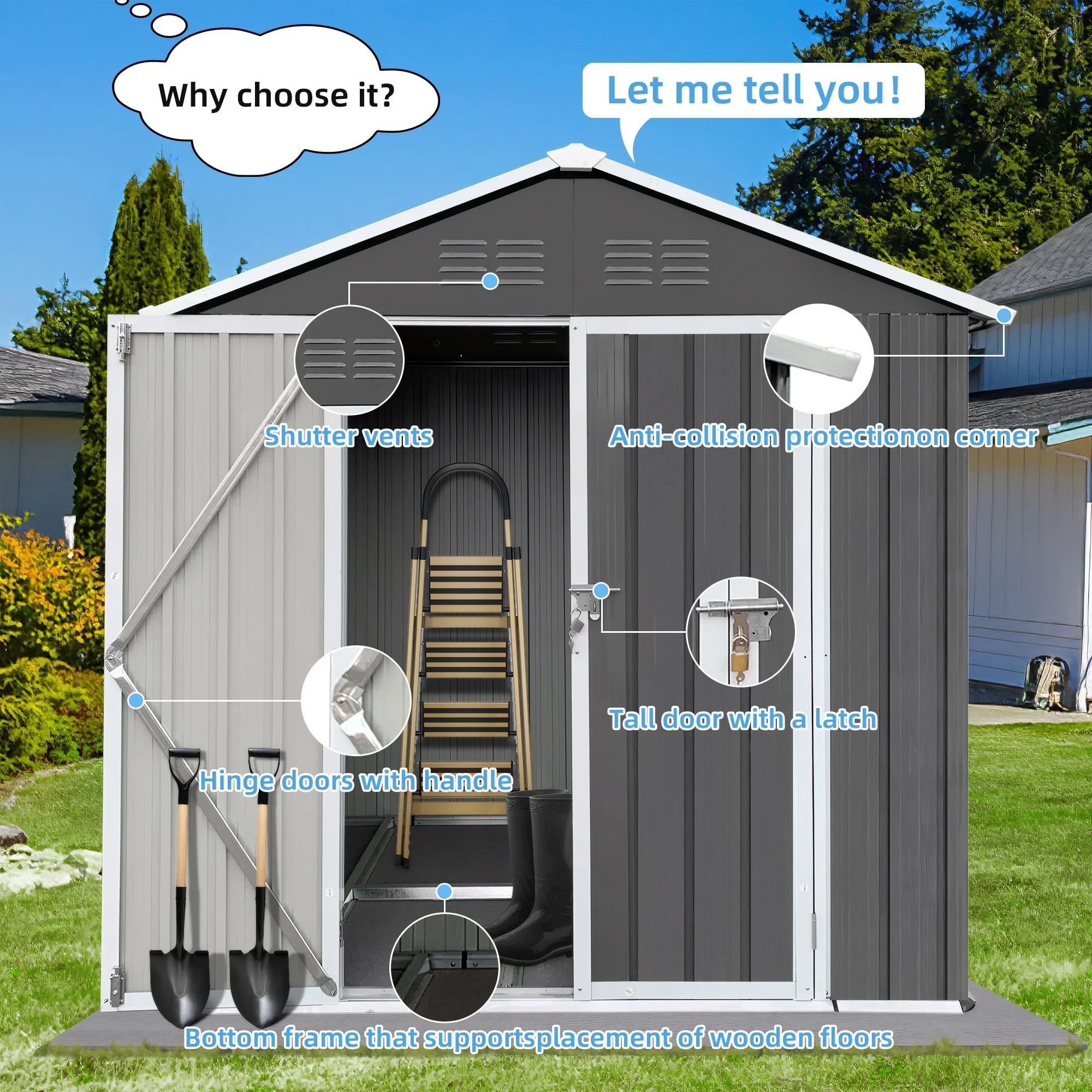Outdoor Storage Shed with Lockable Doors, Dark Gray(6' x 4'# Gray) - Image 7