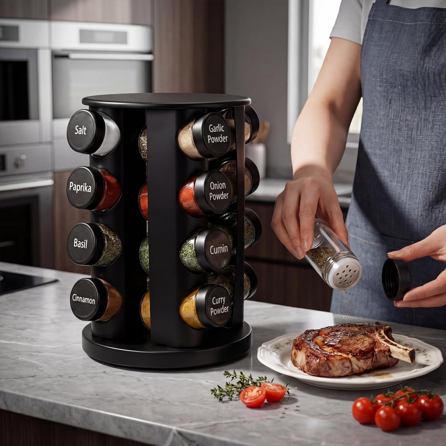 Yungyan Black Rotating Spice Rack with 16 Empty Jars and Labels