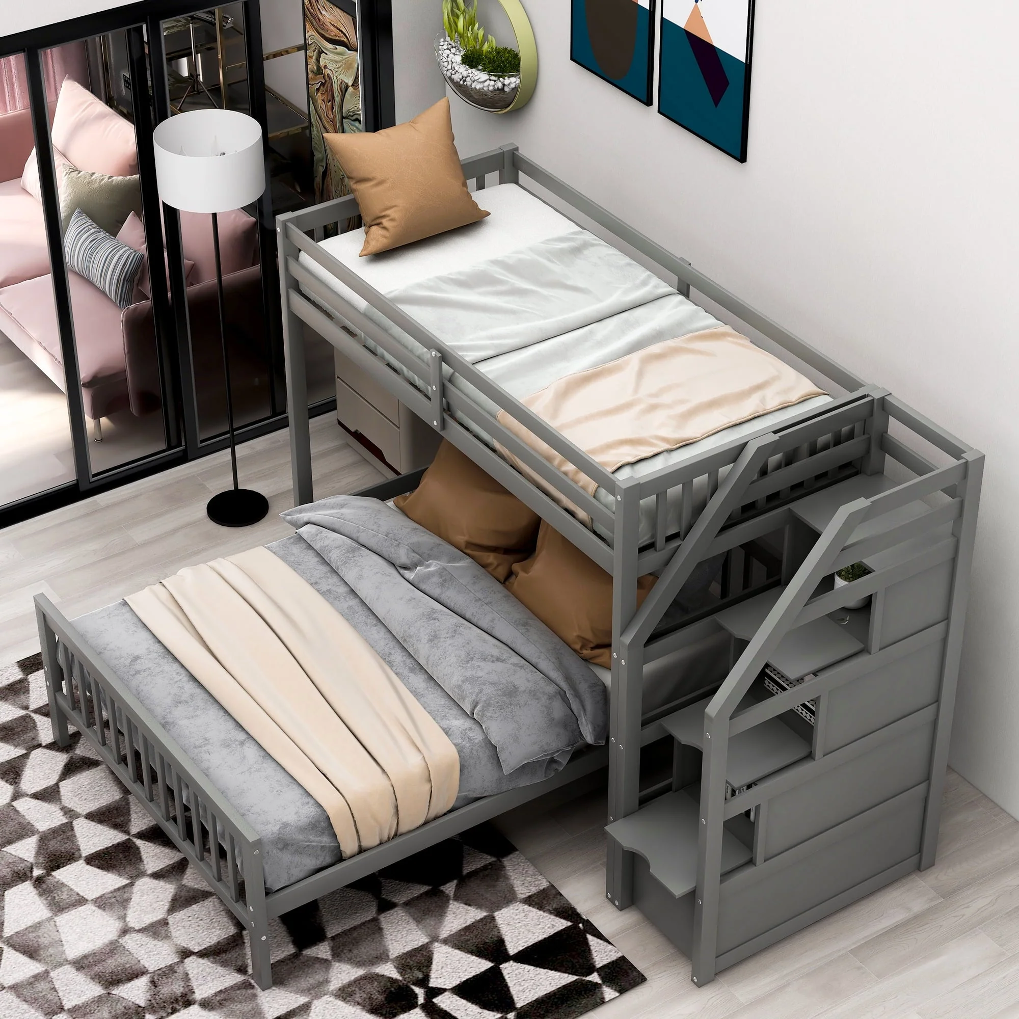 Wood Stairway Twin Loft Bed with Full Platform and Drawer Image 2