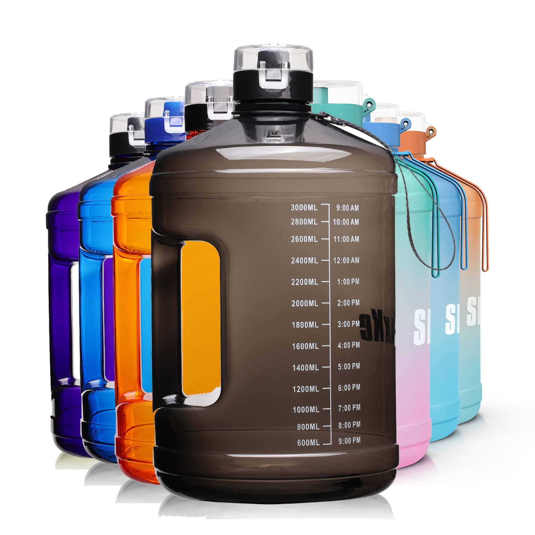 SLUXKE Gallon Big Water Bottle with Handle, 128oz Leakproof BPA Free Fitness Sports Water Bottle with Motivational Time Marker & Wide Mouth Ensure