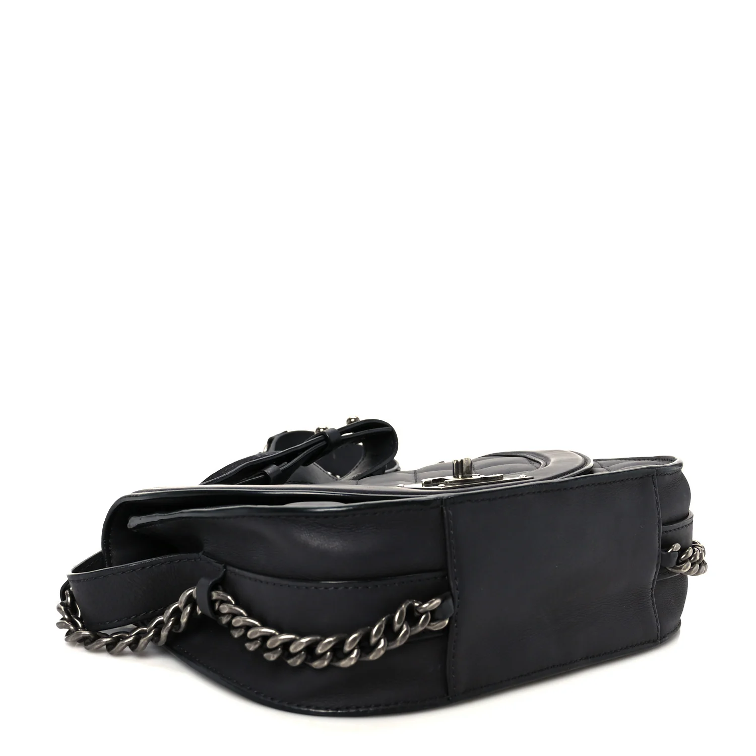 Shiny Goatskin Quilted Small Double Chained Messenger Flap Black