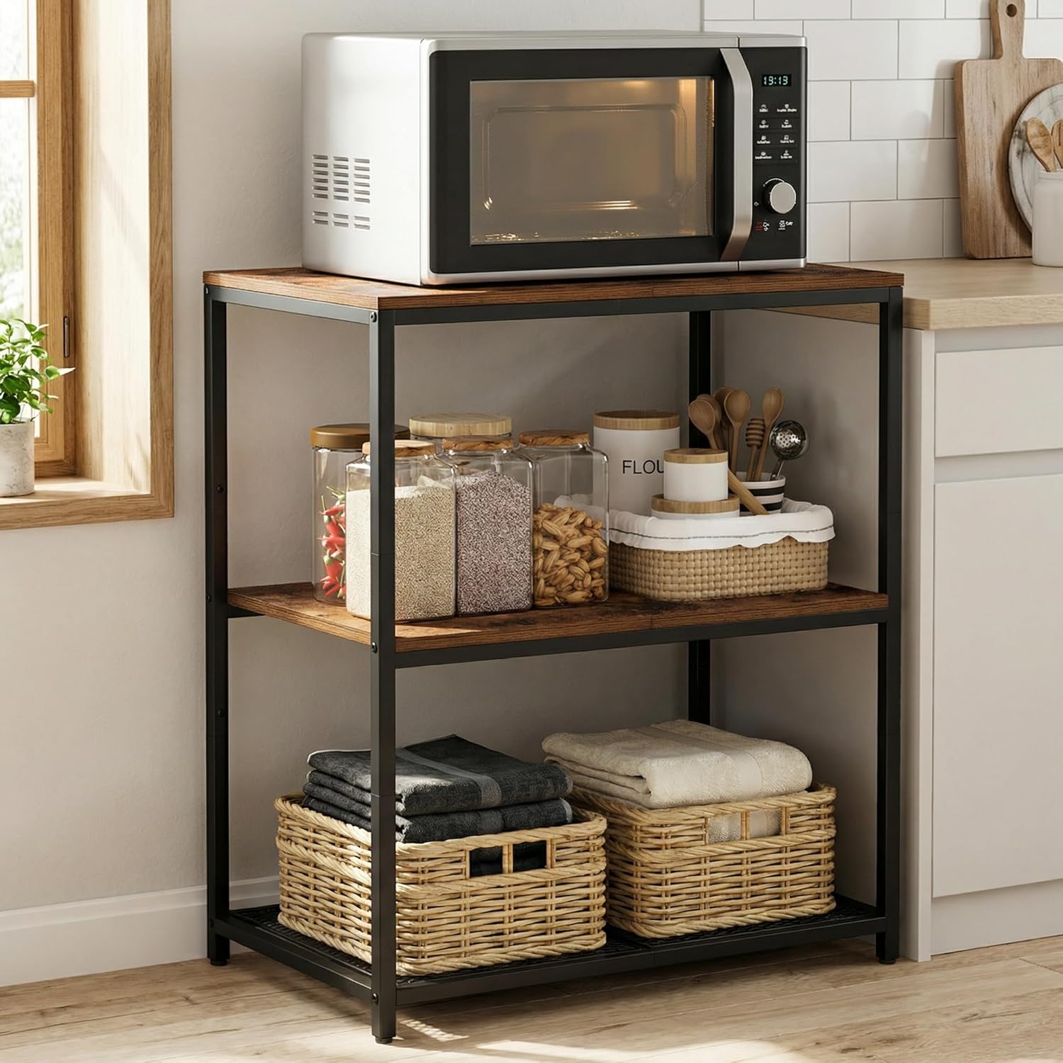 Homleke Kitchen Island with 3 Shelves, Workbench, Metal Frame